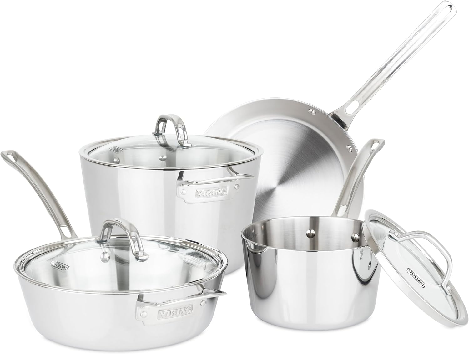 Viking Contemporary 3-Ply Pots and Pans Set, 7 Piece Stainless Steel Kitchen Cookware, Silver