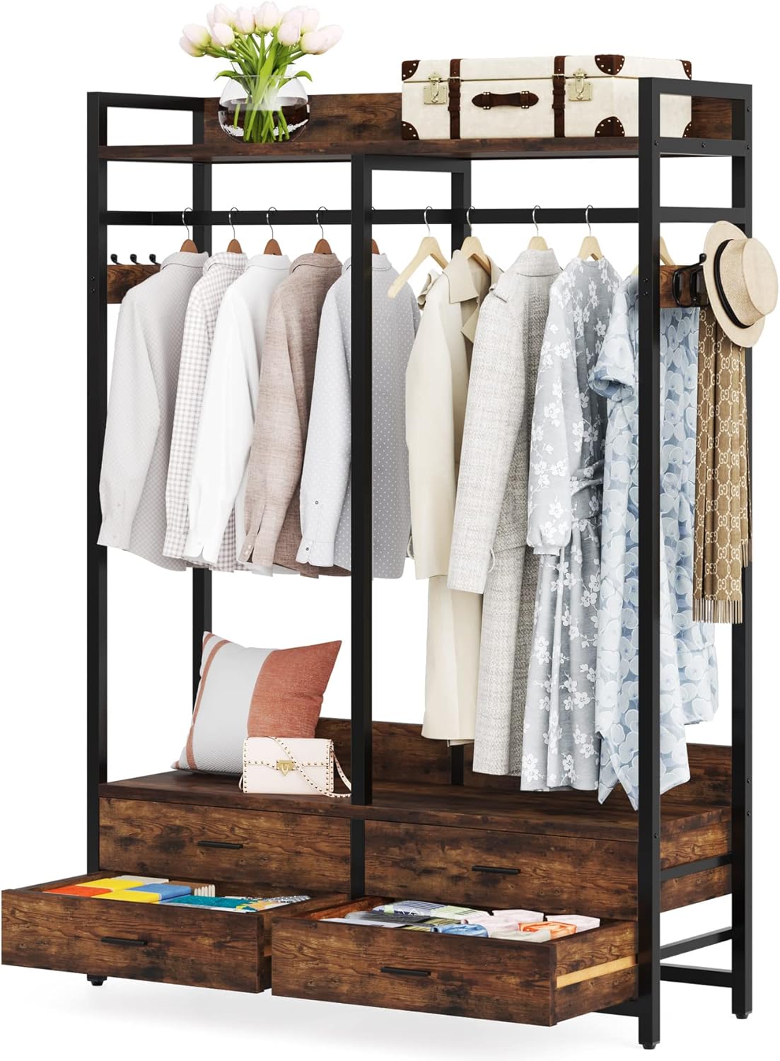 LITTLE TREE Freestanding Closet Organizer, Heavy Duty Clothes Rack for Hanging Clothes, Open Wardrobe Closet Garment Rack for Bedroom