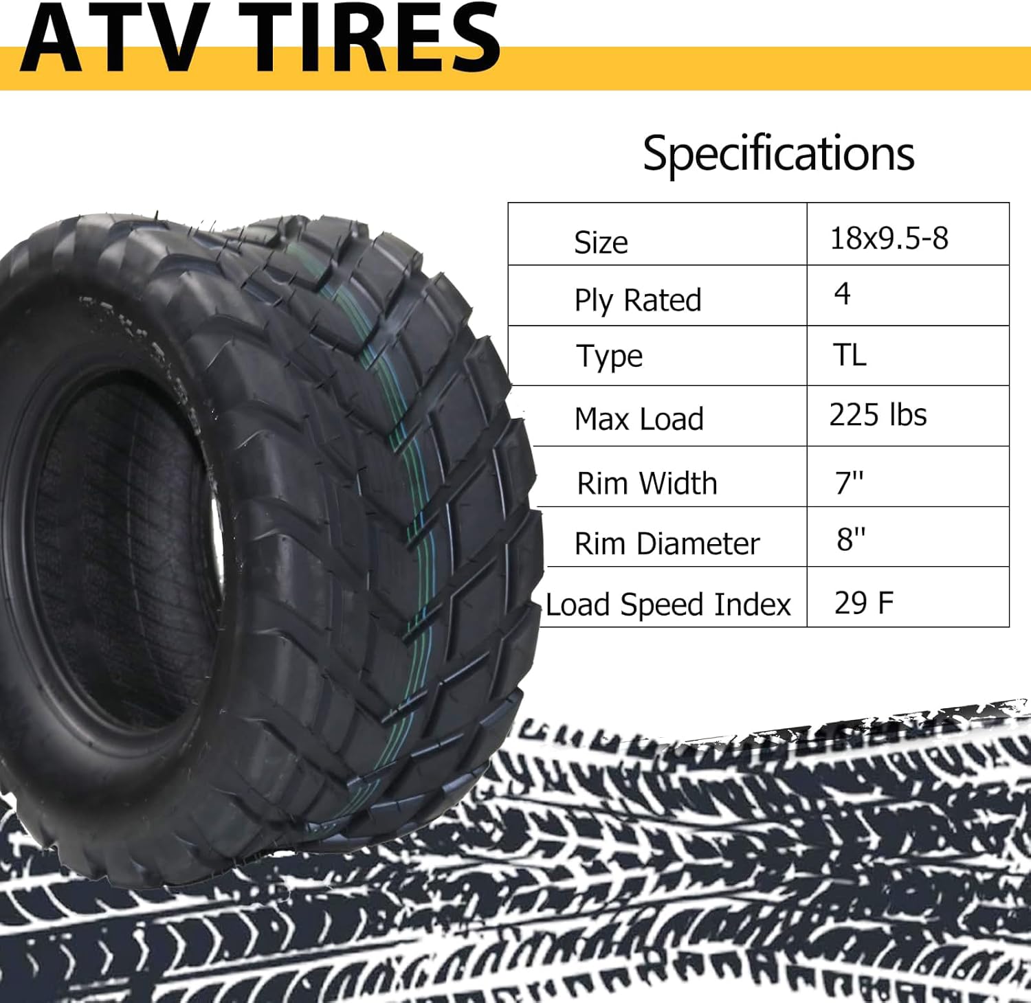 Set of 2 Amenitlif 18x9.50-8 All Terrain ATV UTV Tire 18x9.50x8 Tubeless Sport Tires 4-Ply Rated, Perfect for Sand, Mud, Snow, QD-118