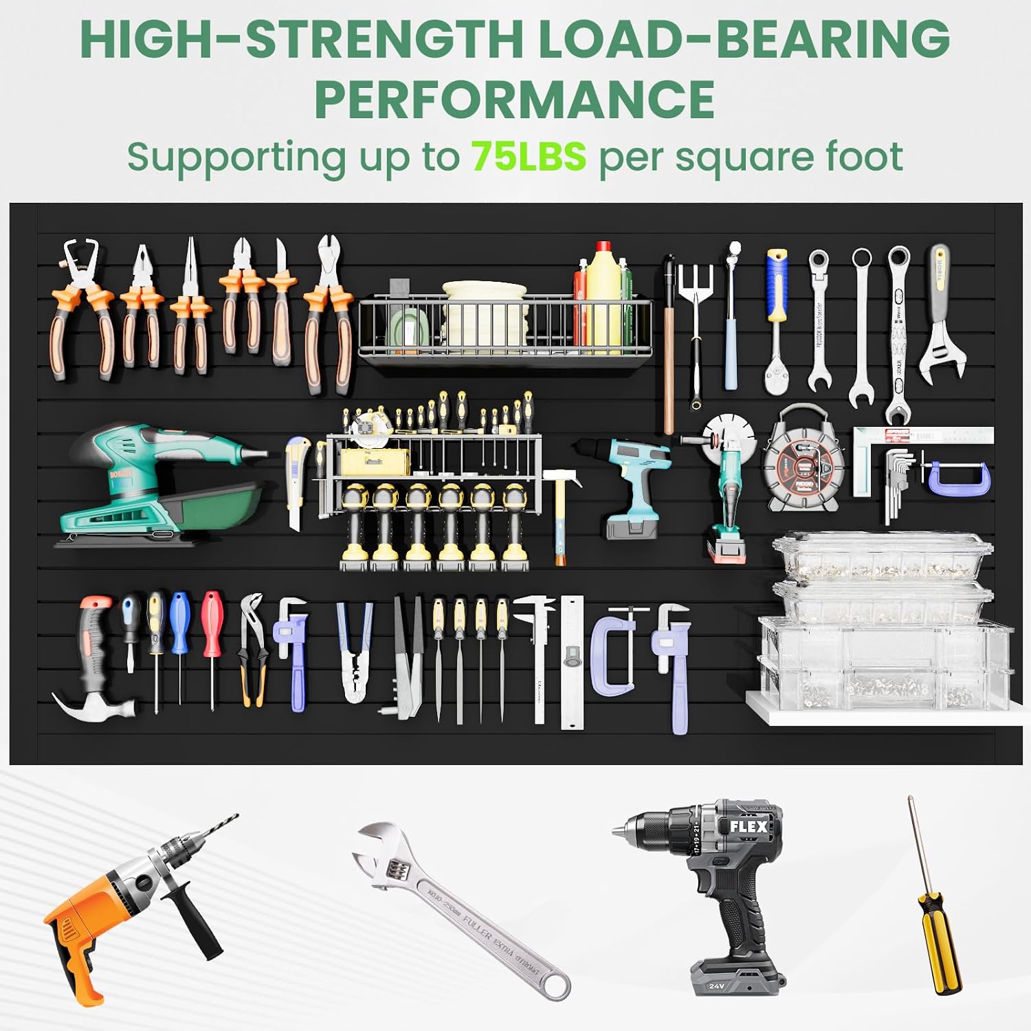 Slatwall Panel Wall Storage Systems, 4x8 ft Slat Wall Paneling Garage Wall Organizer with Six Hooks, Heavy Duty Wall Mounted PVC Wall Rack, Black