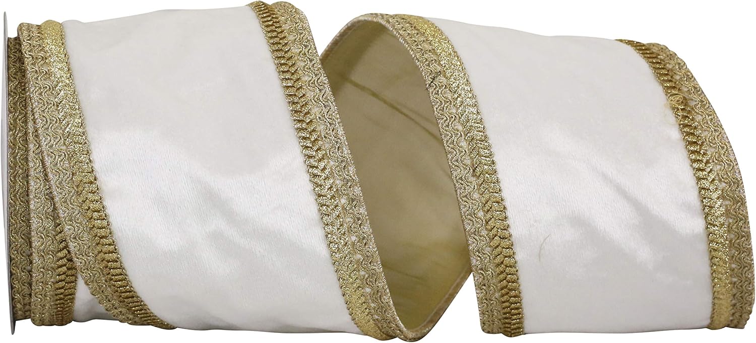Reliant Ribbon Plush Velvet Trim Wired Edge Ribbon, 4 Inch X 5 Yards, White/Gold