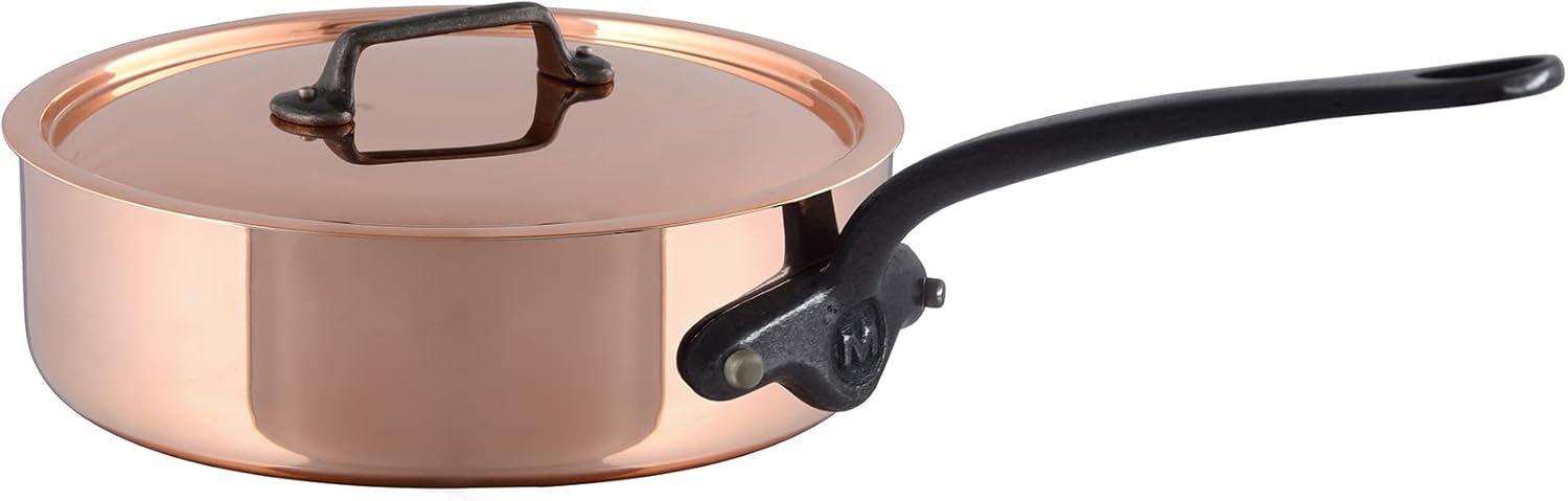 Mauviel M'Heritage M200CI 2mm Polished Copper & Stainless Steel Saute Pan With Lid, And Cast Iron Handle, 5.1-qt, Made in France