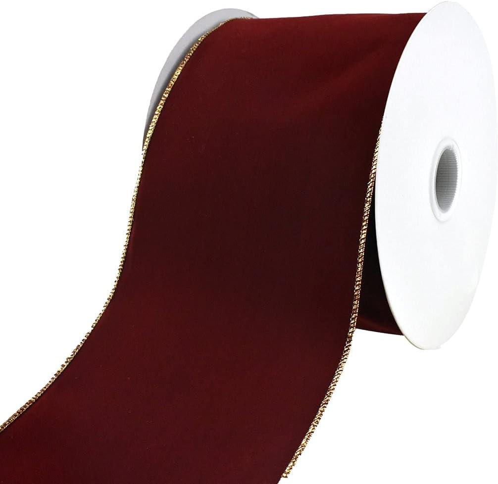 Homeford Christmas Velvet Wired Edge Ribbon, 6-Inch, 50-Yard - Burgundy/Gold