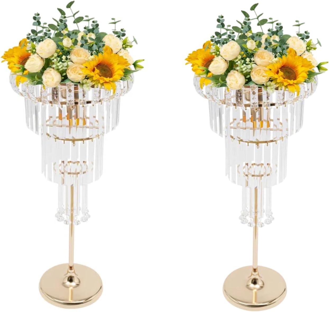 2PCS 4Tier Wedding Centerpieces Crystal Vases, 32.3in Acrylic Flower Stand with Hanging Crystals，Round Chandelier Pedestal Stand for Party Table Decoration Lawn Hotel (Gold,w/Lamp)