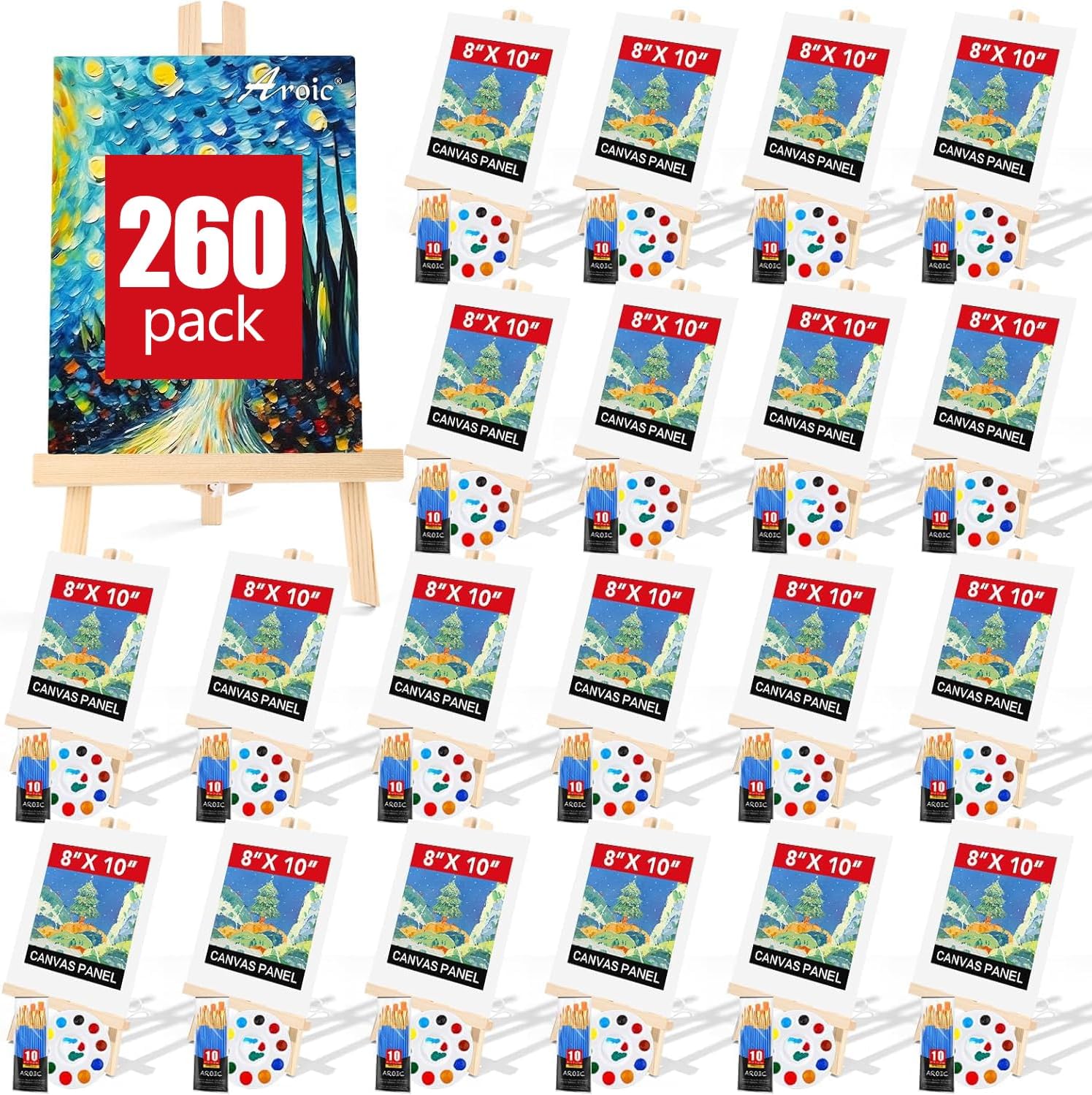 AROIC 260 Pack Easel and Canvas Sets with 20 Wood Easels,200 Brushes,20 Canvas and 20 Palette, Painting Set, Tabletop Easel, Art Easels, Painting Supplies for Kids & Adults to Paint Party