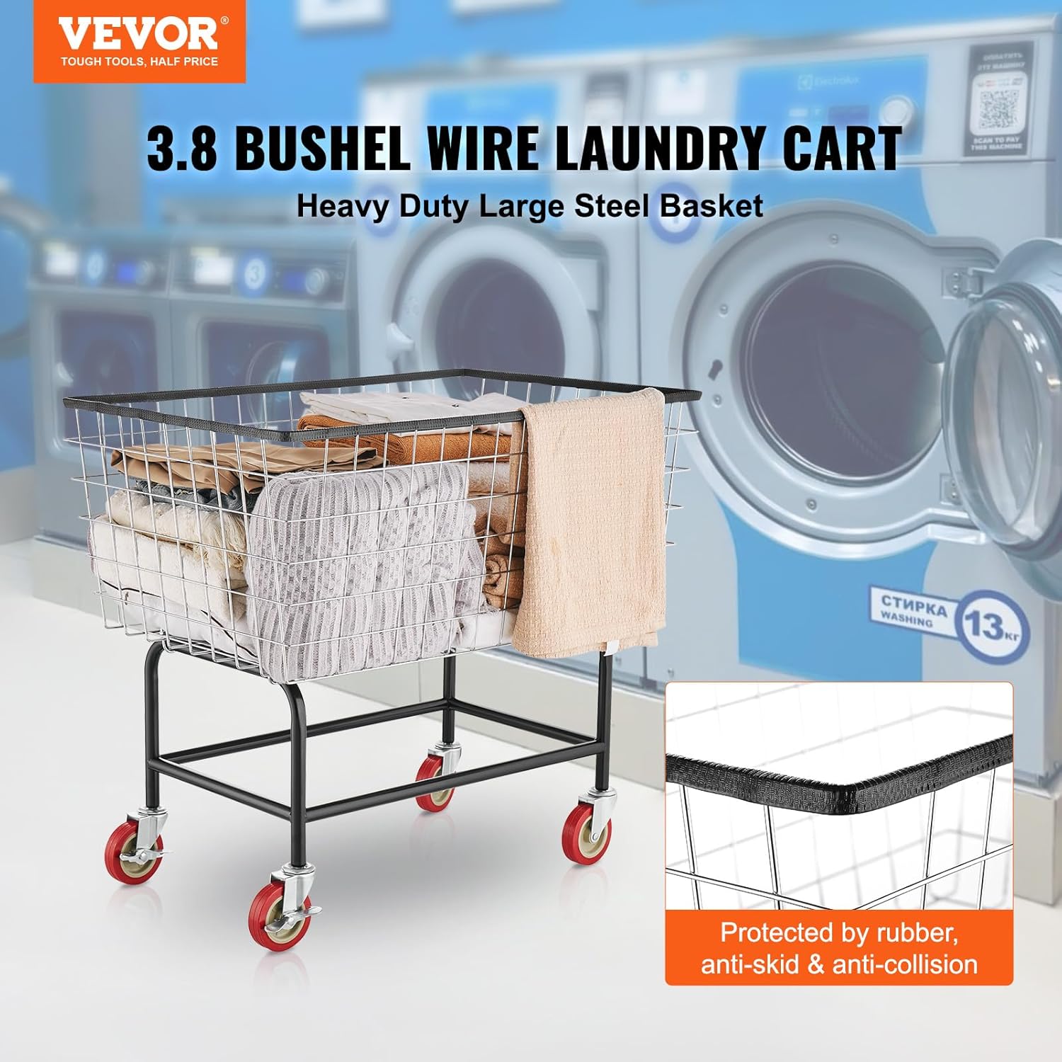 VEVOR Wire Laundry Cart, 3.8Bushel Wire Laundry Basket with Wheels, 32.5''x21.3''x29.9'', Commercial Laundry Basket, Steel Frame with Chrome Finish, 4'' Casters, Wire Cart for Laundry
