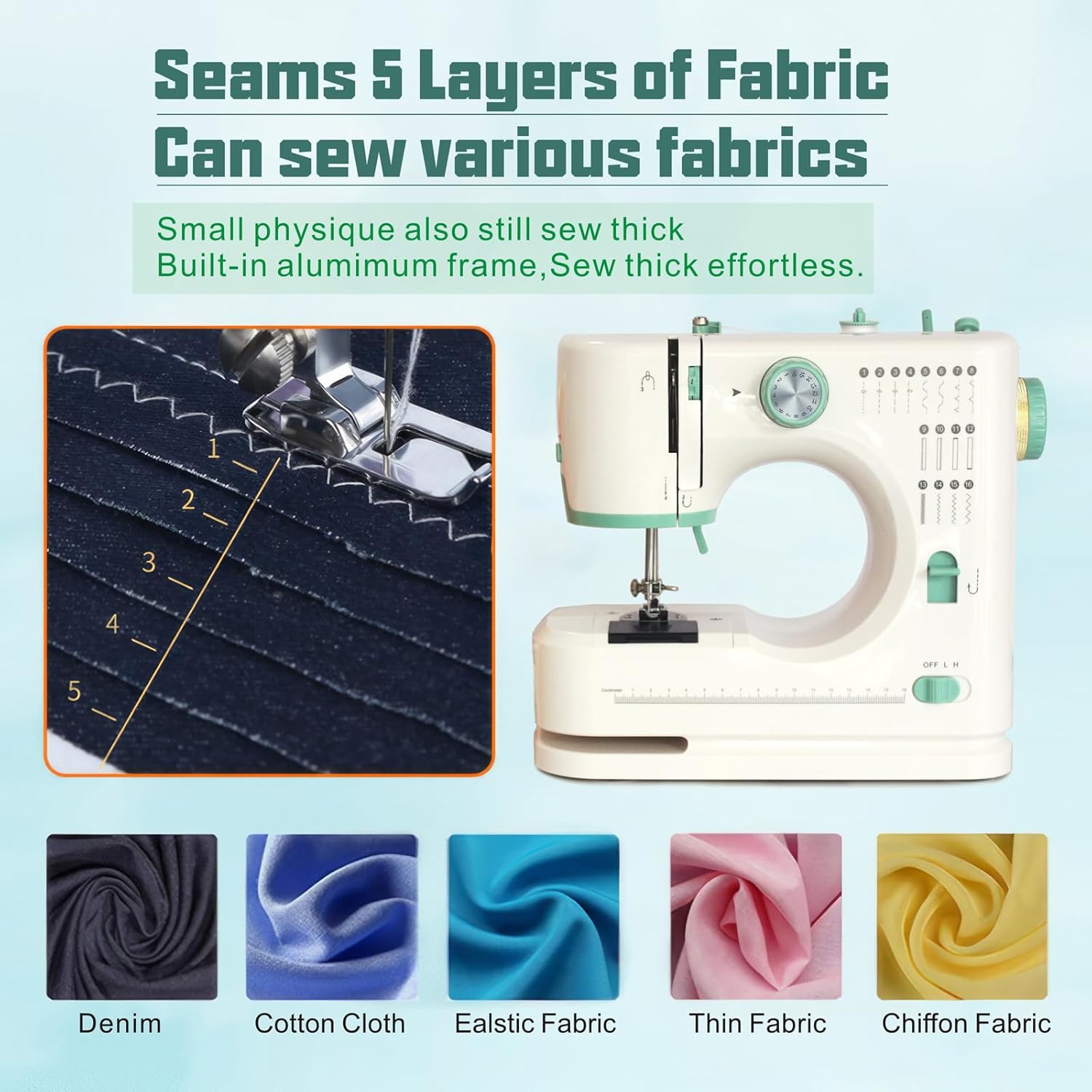 Portable Sewing Machine for Beginners, 16 Built-in Stitches and Reverse Sewing, adjustable sewing speed, small sewing machine with two needle types, foot pedal(with Extension Table)