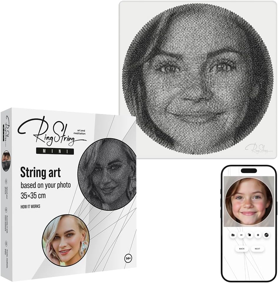 RINGSTRING Mini Art Kit for String Art Creation from Any Photo - Custom Craft Kit for Adults - 3D DIY String Art Kit - Original Gift and Handmade Home Decor