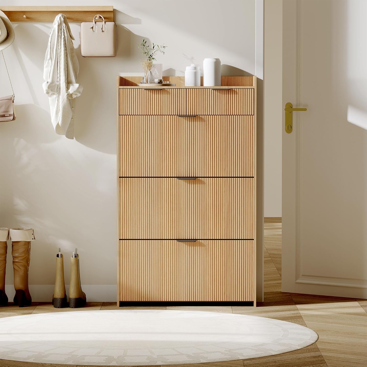 Garvee Shoe Storage Cabinet for Entryway with 2 Flip Drawers, 31.5 in Fluted Slim Shoe Cabinet with Adjustable Shelf, Freestanding Wooden Rack Organizer for Hallway, Natural