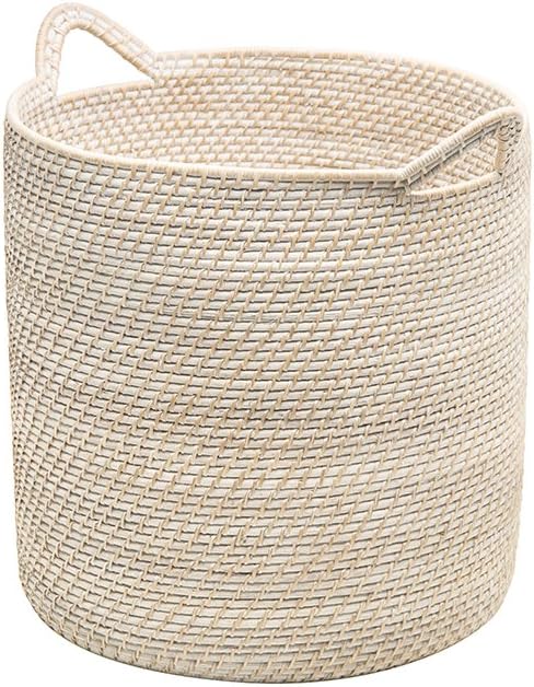 KOUBOO Laguna Round Rattan Storage Basket with Ear Handles, Wicker Blanket, Laundry Hamper, Indoor Plant Basket, Decorative Home Organizer, White Wash, Large