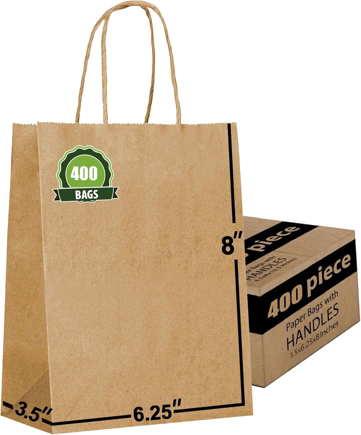Brown Paper Bags with Handles Bulk [400 Bags] 6.25x3.5x8. Ideal for Shopping, Packaging, Retail, Party, Craft, Gifts, Wedding, Recycled, Business, Goody and Merchandise Bag