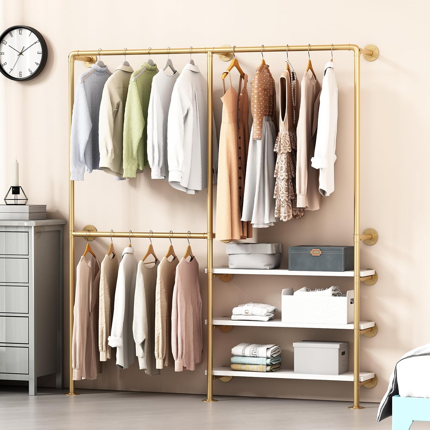 Industrial Pipe Clothing Rack, Gold Clothing Rack with Shelves, Wall Mounted Clothes Rack Heavy Duty Closet Organizers Wardrobe Multi-Purpose Storage Clothes Hanging Shelf - 70.8''L Gold