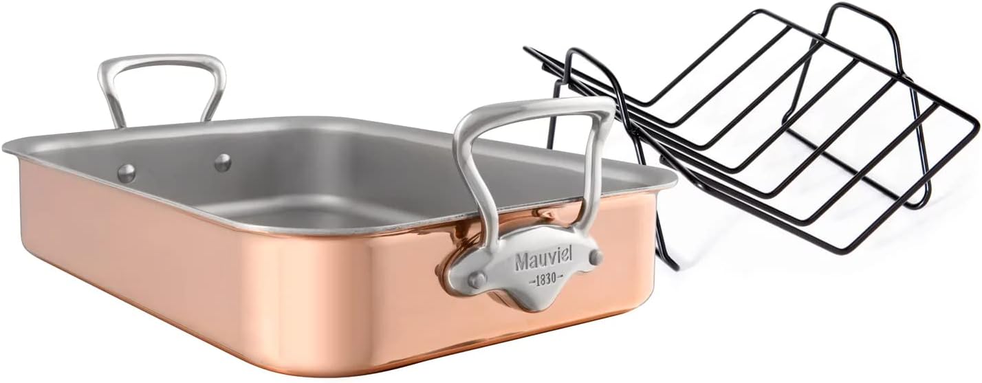 Mauviel M'Heritage 150 S 1.5mm Polished Copper & Stainless Steel Roasting Pan With Rack, And Cast Stainless Steel Handles, 15.7 x 11.8-in, Made In France