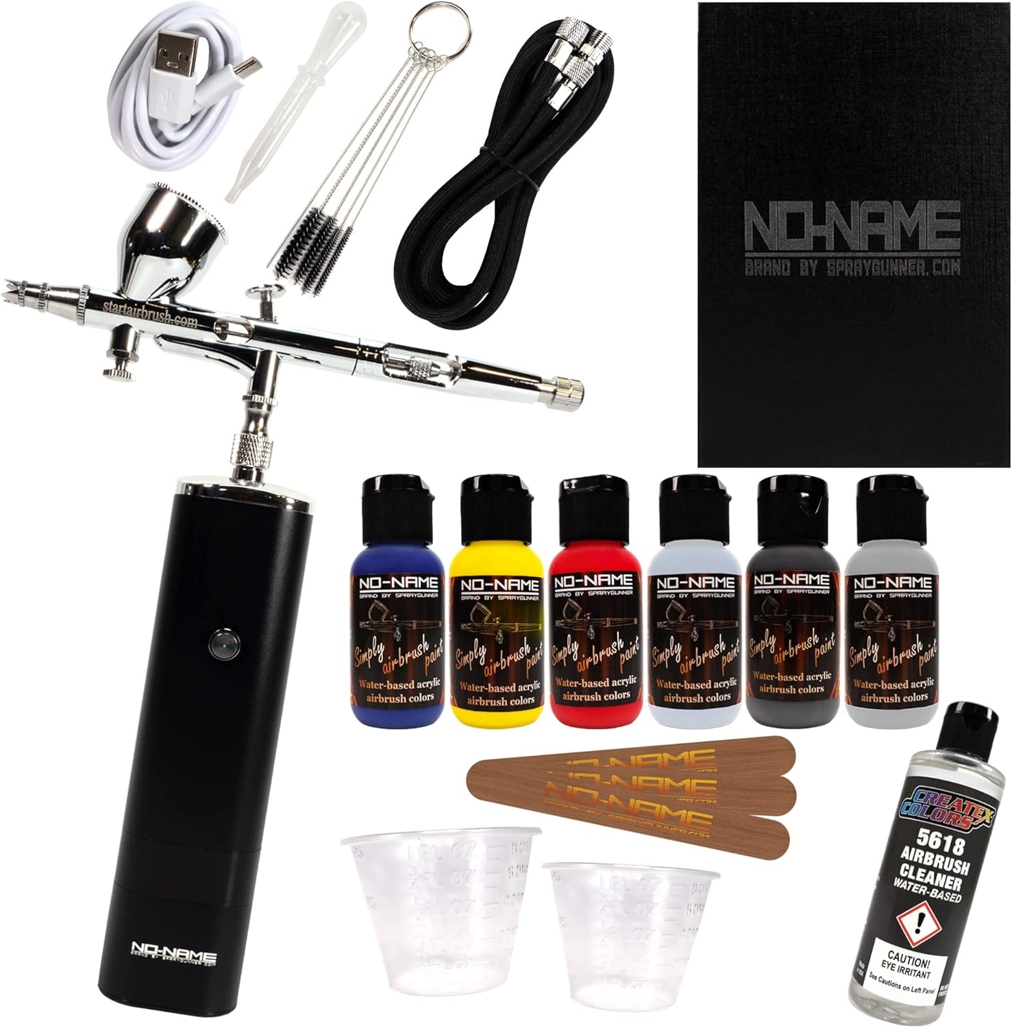 NO-NAME Brand. Cordless Airbrush Kit with Portable Compressor & 5 Water-Based Acrylic Paints Made in USA: Portable Dual Action Airbrush, Ideal for Painting, Makeup, Model, and Nail Art (5-Color)