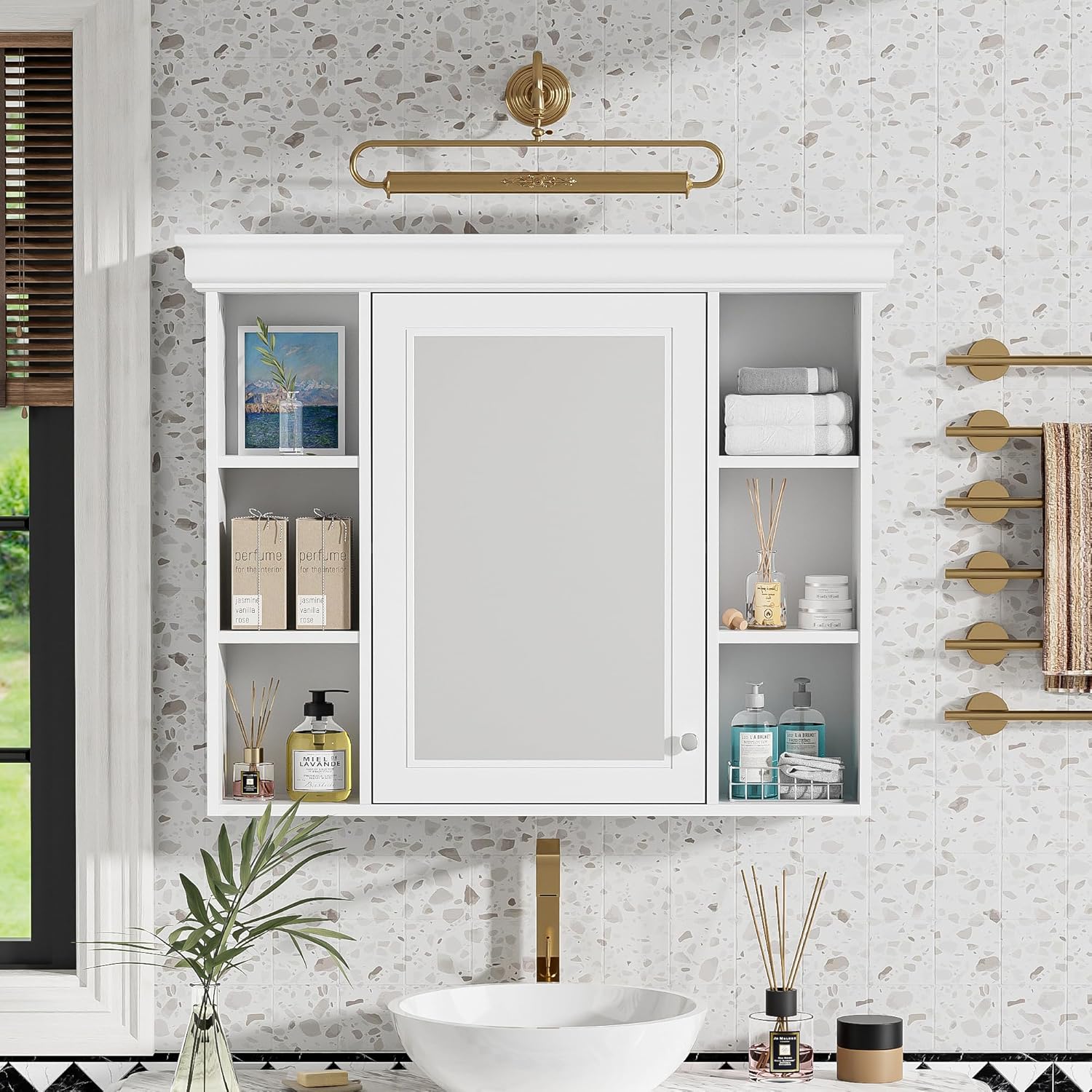 Merax Bathroom Medicine Cabinet with Mirror, 35'' x 28'' Wall Mounted Bathroom Cabinet with Mirror Door and 6 Open Shelves, Over The Toilet Storage Mirrored Bath Wall Cabinet, White