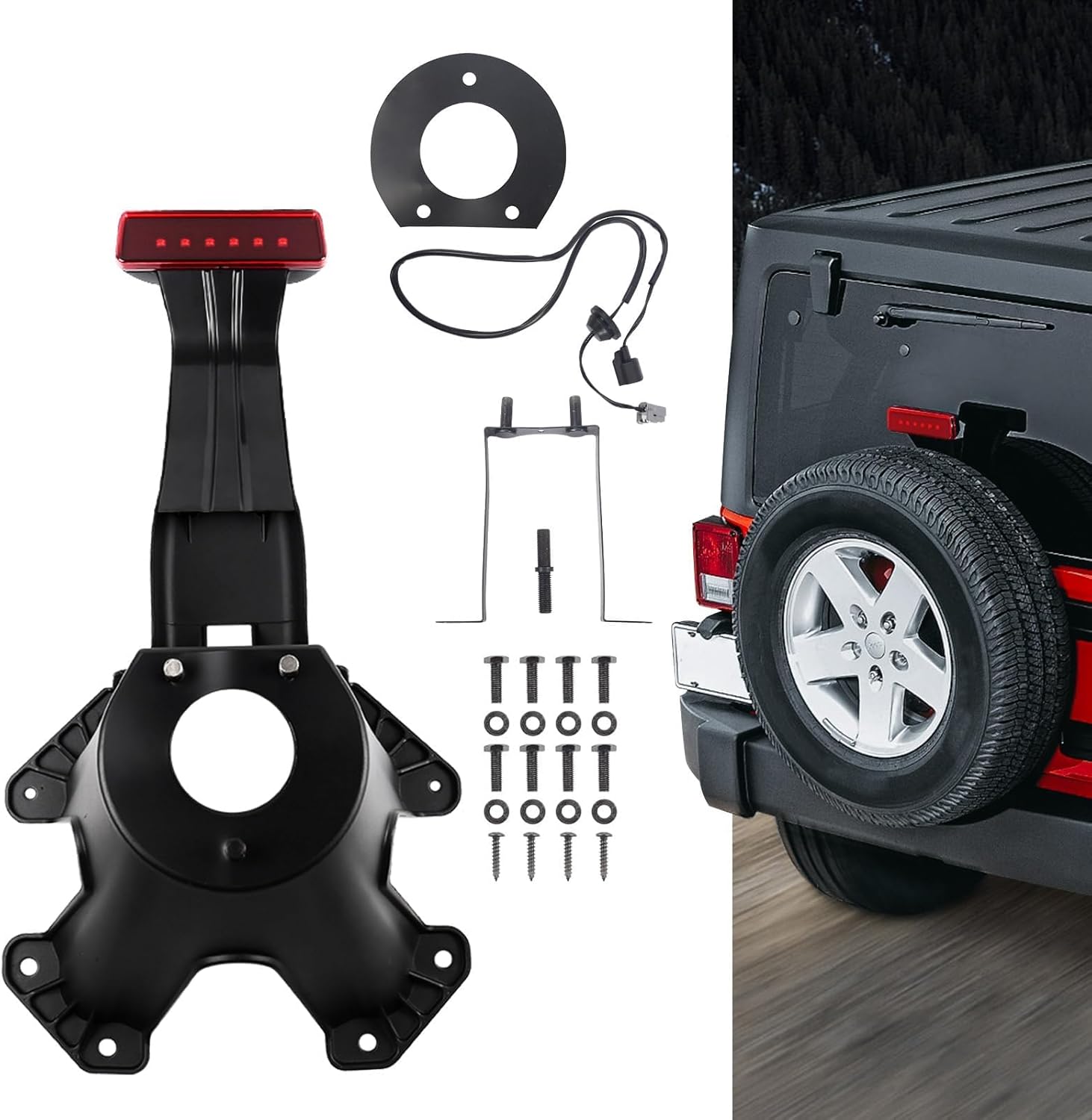 Spare Tire Holder Mounting Bracket Tire Carrier for Jeep Wrangler JK 07-18 with 3rd Third Brake Light Accessories 55397217AJ 68048581AA Aluminum Alloy Carrier Bracket(Red Lens)
