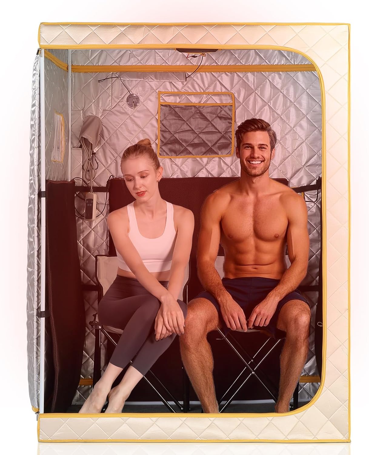 Smartmak Portable Far Infrared Sauna, Home Two Person Sauna Box with 660nm Red Light Therapy Lamp, X-Large Full Size Indoor SPA Tent for Body Recovery, Remote Control, 2 Folding Chairs, BeigeGold