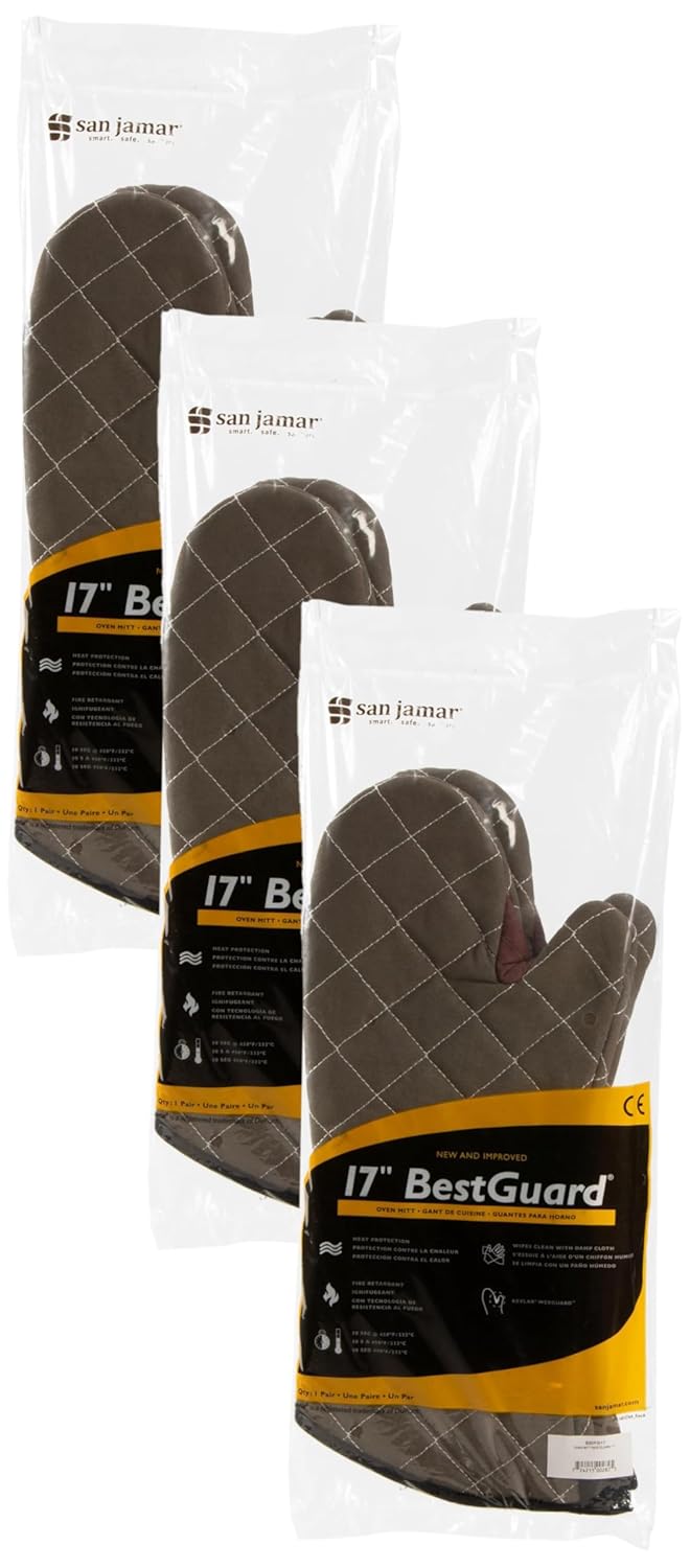 San Jamar 800FG17 BestGuard Commercial Heat Protection Up to 450° F Oven Mitts (Pair), 17 inch Length, Tan (Pack of 3)
