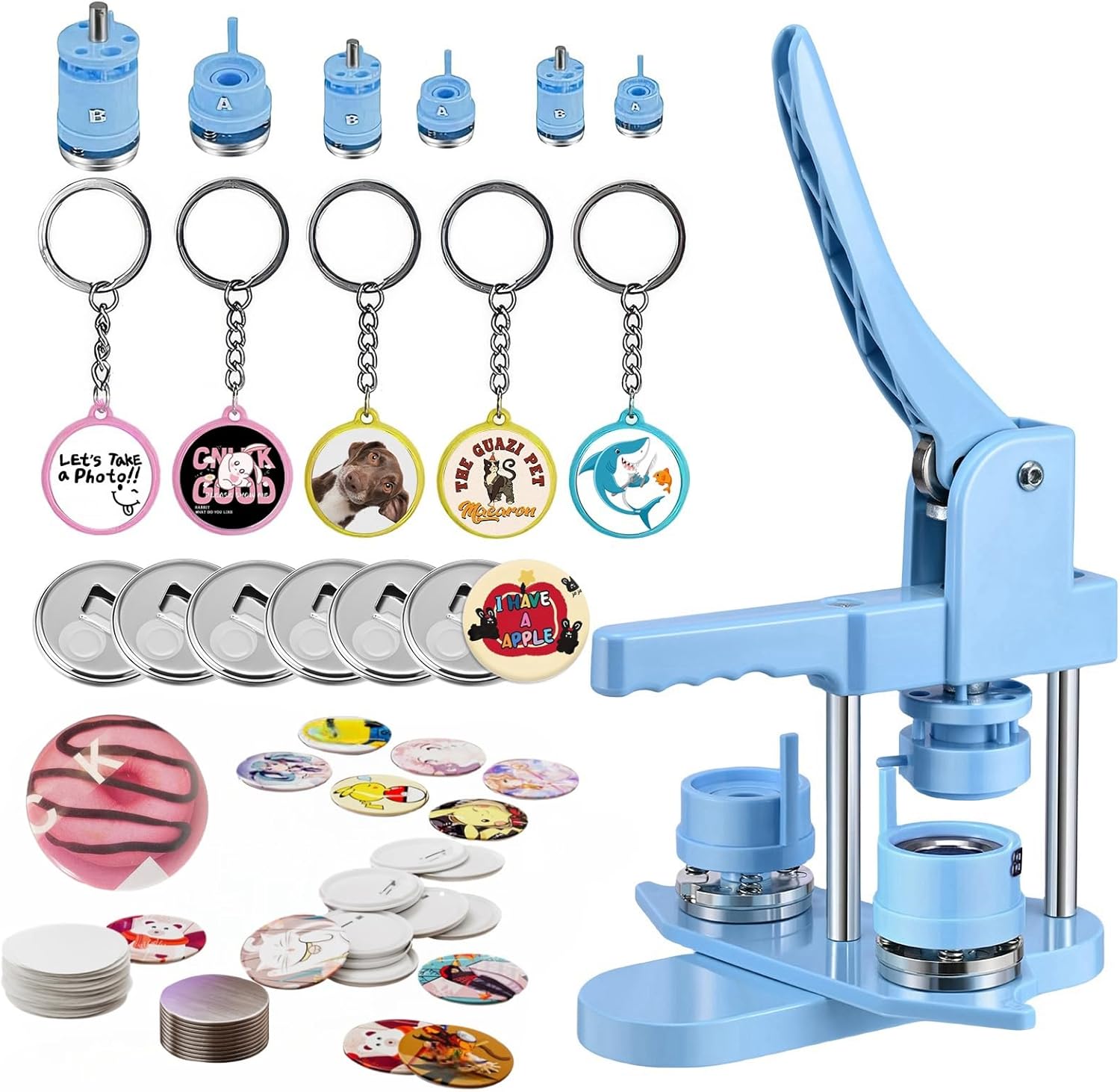 Button Maker Machine Multiple Sizes, 25mm+32mm+58mm Pin Maker Button Press Machine W/300 Pinback Making Supplies, 10 Keychain 10 Bottle Opener Badges