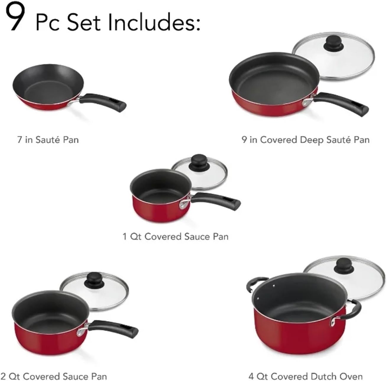 9-Piece Non-stick Cookware Set, Red