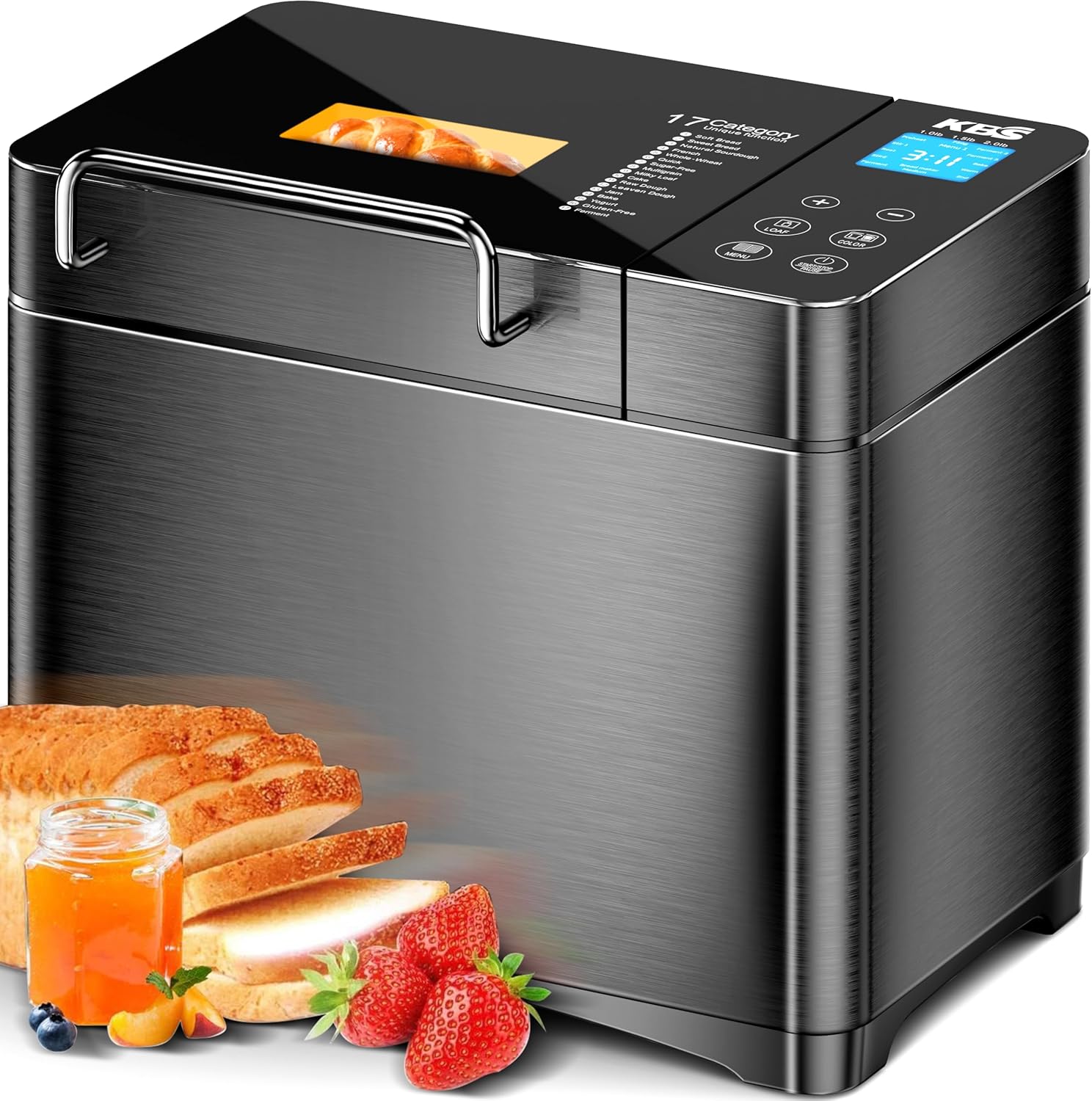 KBS 710W Convection Bread Maker Dual Heaters, 2LB 17-in-1 Automatic Bread Machine with Full Ceramic Pan, Fruit Dispenser, Glass Touch Panel, Black Stainless Steel, 15H Timer&Keep-Warm,Low-Noise,Recipe