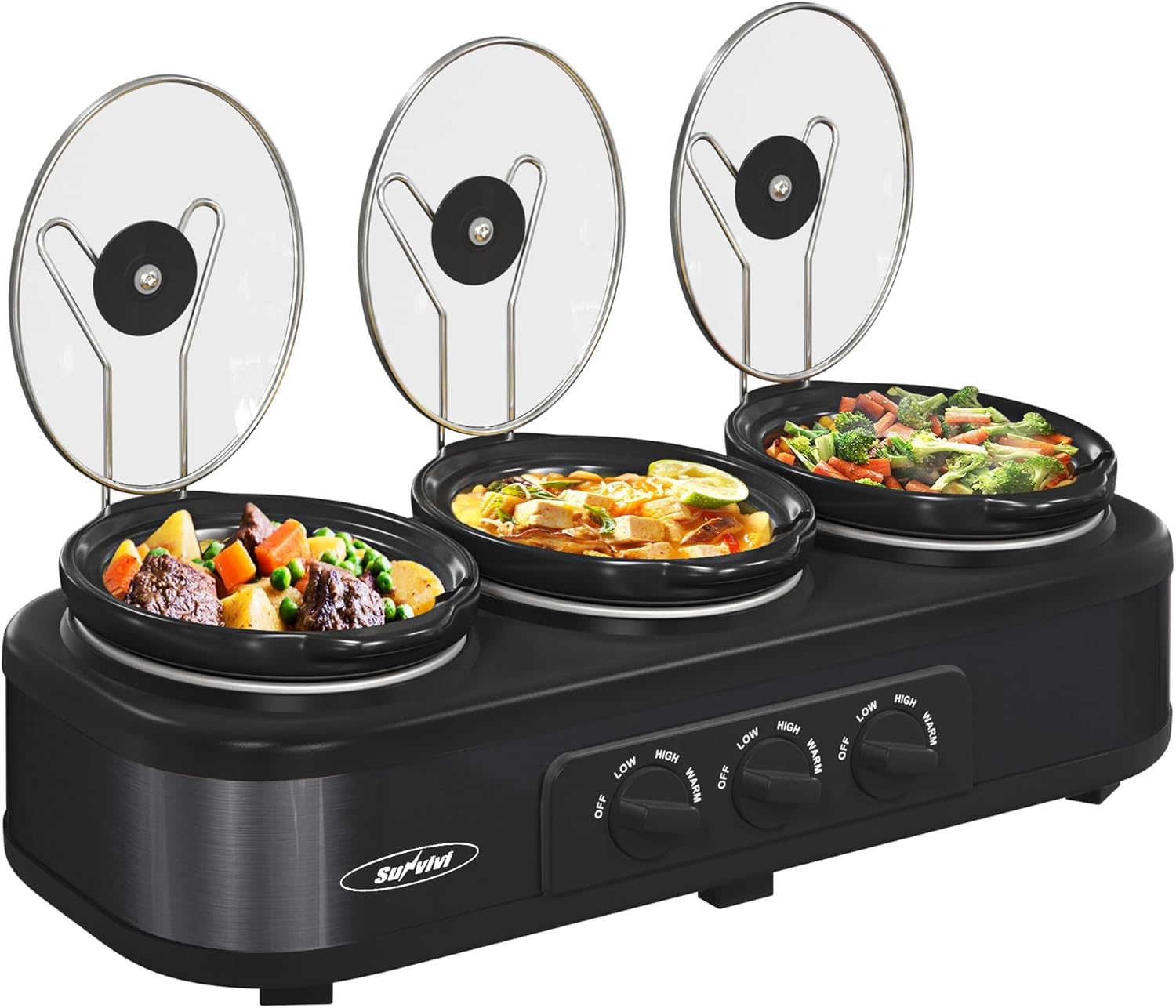 SUNVIVI Triple Slow Cooker, Buffet Food Warmer with 3 x 1.5 QT Removable Ceramic Pots, Buffet Servers and Warmers with Glass Lids and 3 Spoons, Stainless Steel, Blue