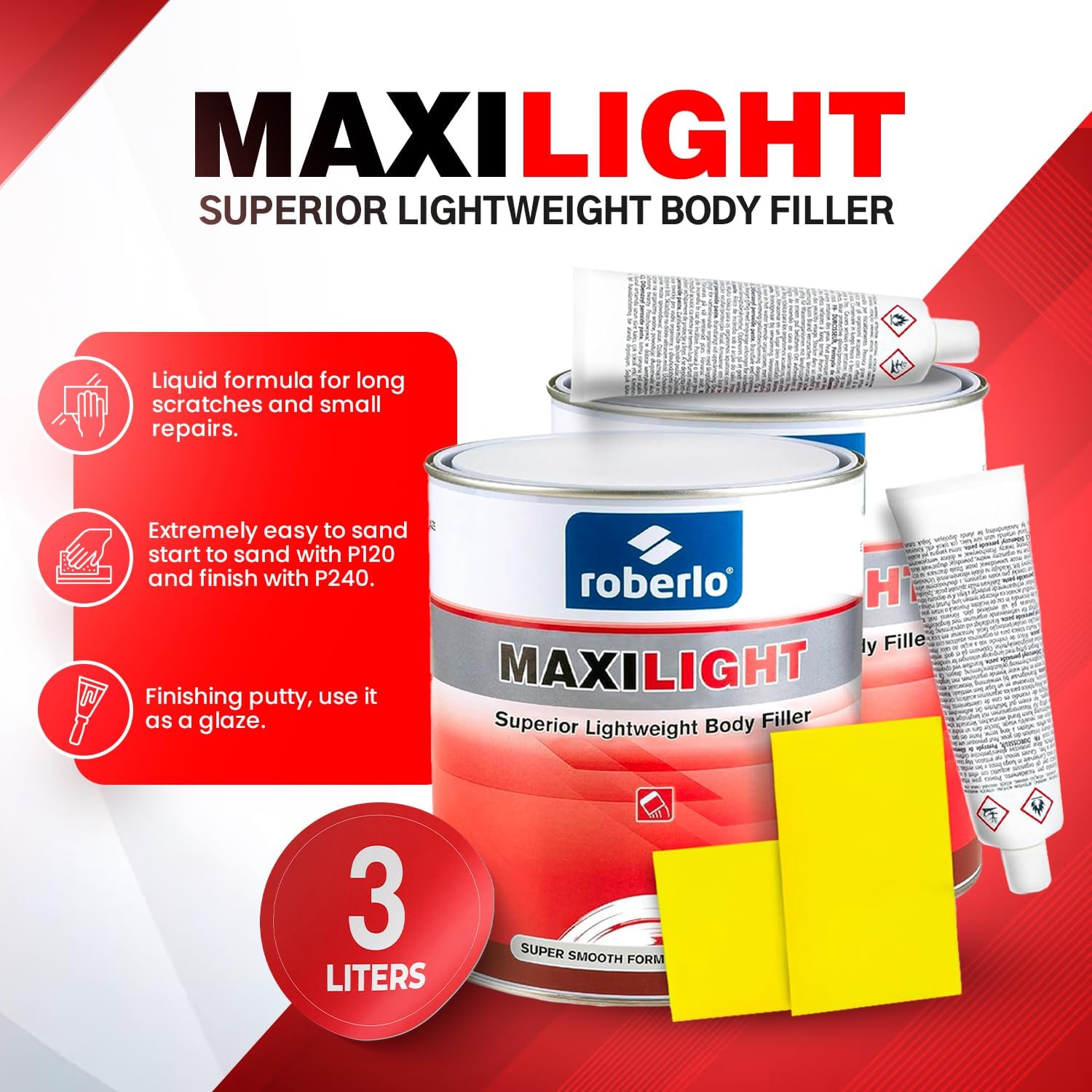 Maxilight Superior Lightweight Body Filler - Repair for All Lengths Dents & Scratches, Perfect on Aluminum, Steel, Zinc, Galvanized & Fiberglass - Finish Putty, Smooth Finish - 3L + Hardener