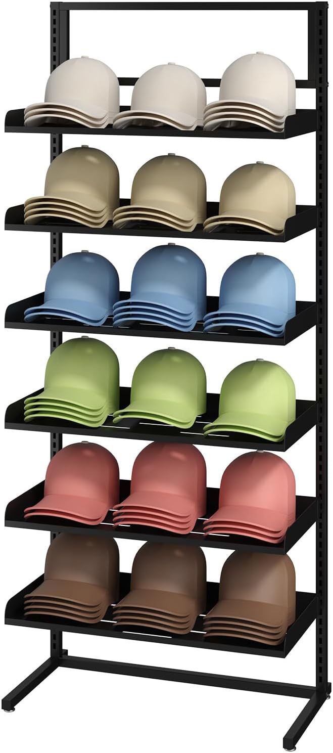 6 Tier Large Hat Rack Stand, Adjustable Baseball Cap Storage Rack with 6 Plate Tray, Heavy-Duty Metal Hat Display Stand for 180 Baseball Hat, Home and Commercial Use