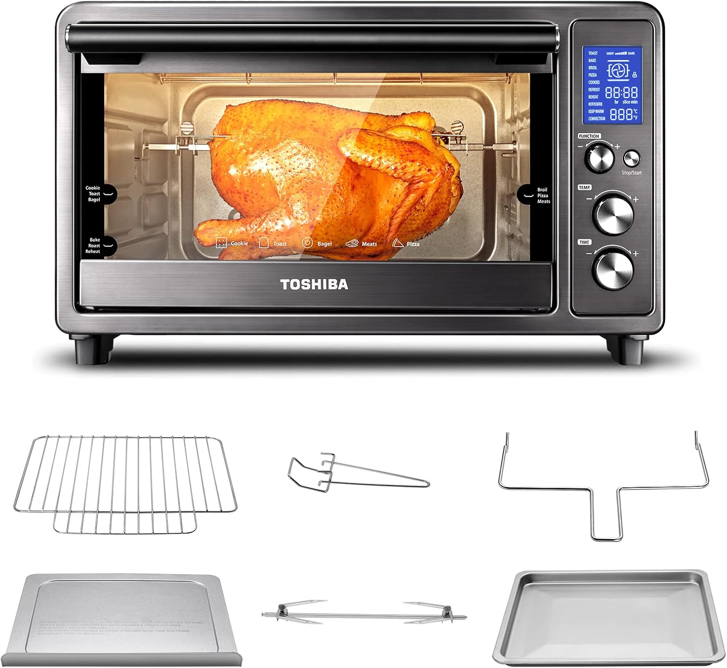 TOSHIBA AC25CEW-SS Large 6-Slice Convection Toaster Oven Countertop, 10-In-One with Toast, Pizza and Rotisserie, 1500W, Stainless Steel, Includes 6 Accessories
