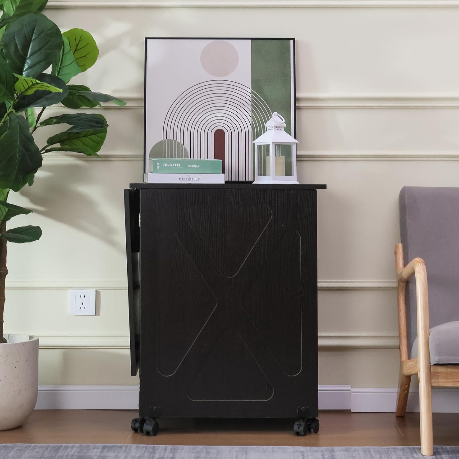 Folding Sewing Table Multipurpose Craft Station & Side Desk with Compact Design, Wheels with Locks,(Dark Brown)