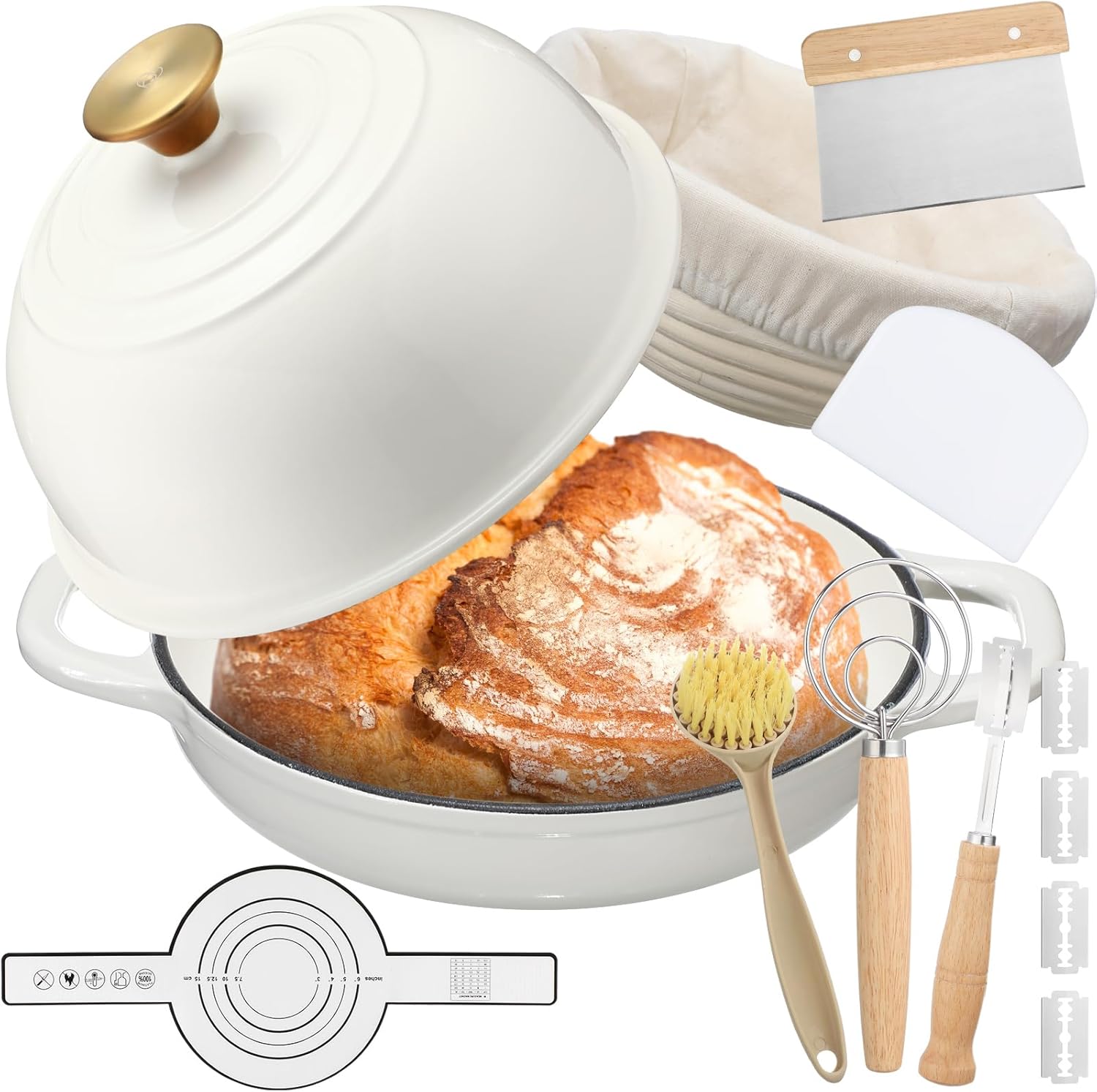 8 Pcs Enameled Bread Dutch Oven with Lid for Sourdough Baking Oven Enameled Cast Iron Dutch Pot with Bread Proofing Basket Baking Supplies Set for Kitchen Homemade Roasting(White,6 Quart)