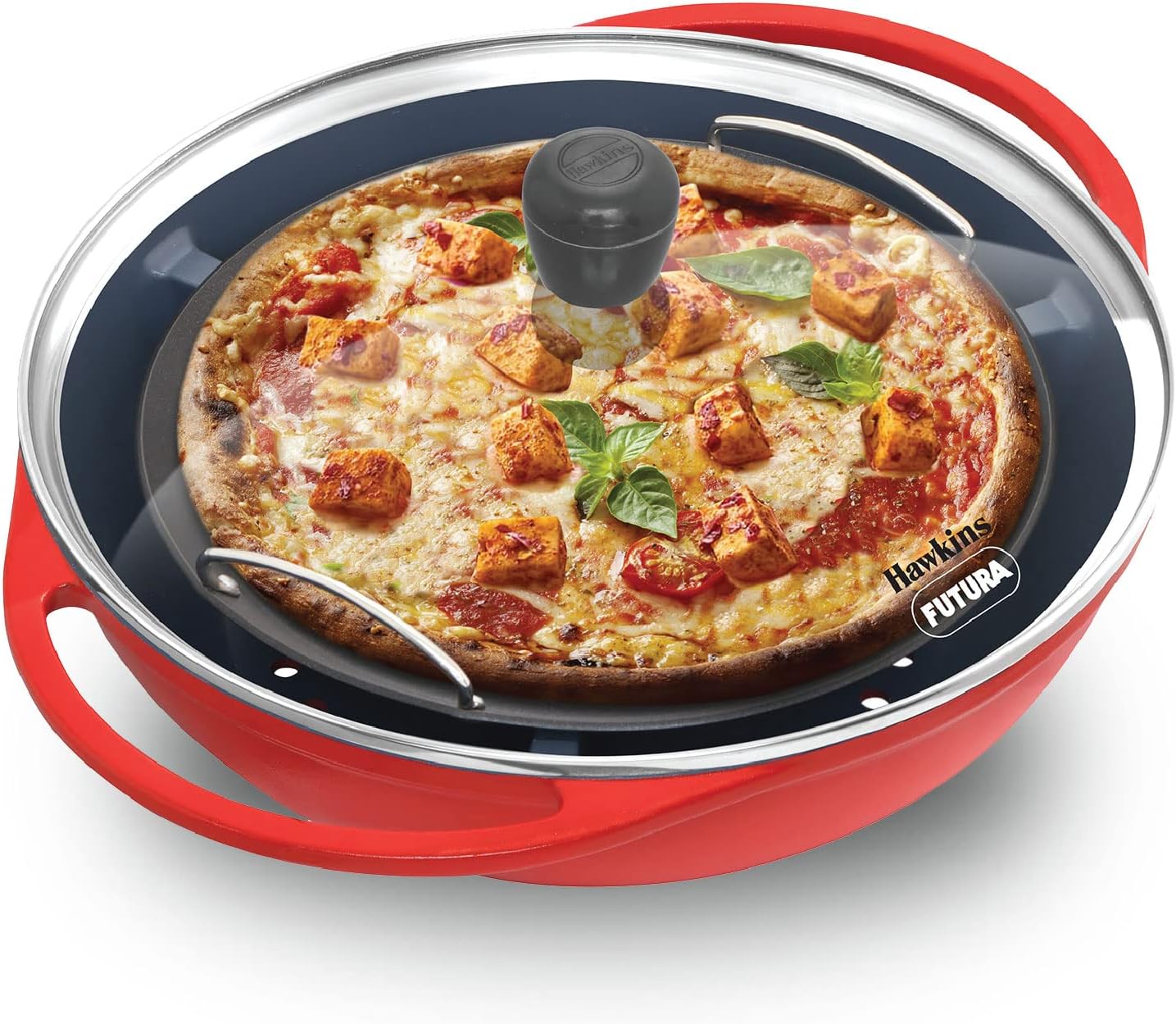 HAWKINS Diecast 30 cm Nonstick Pizza Maker and Cake Baker with Glass Lid, Gas Oven, Pizza Oven Toaster Griller Tandoor Barbecue, Cake Baking Pan, Red (Pizza)