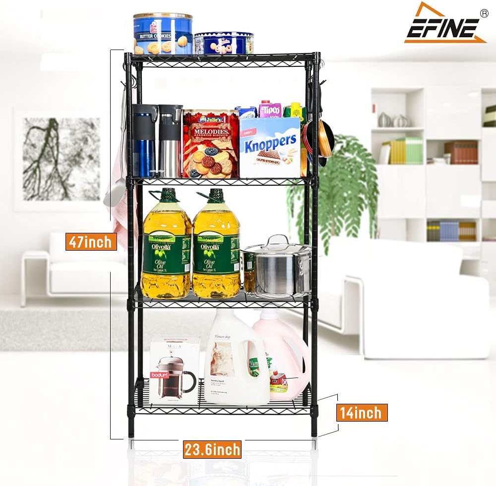 EFINE 2-Pack 4-Shelf Shelving Unit with 8 Hooks and 4-Shelf Liners, NSF Certified, Adjustable Metal Wire Shelves, Shelving Rack for Kitchen Laundry Bathroom Pantry Closet(23.6W x 14D x 47H) Black