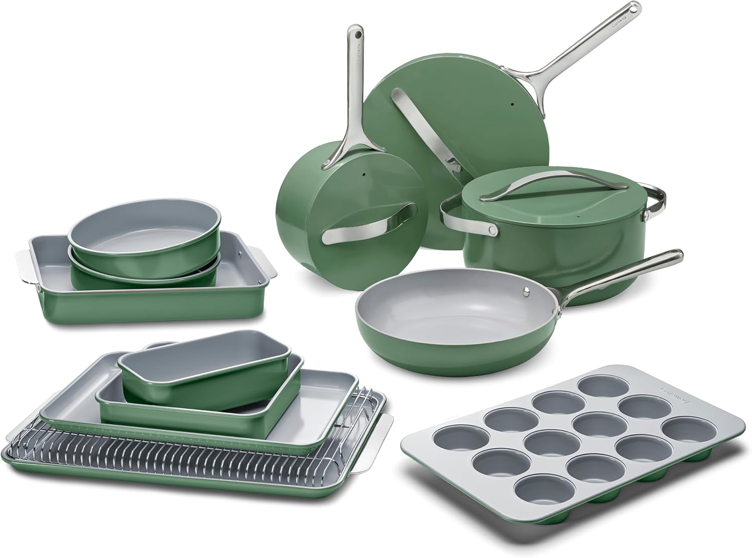 Caraway 23-Piece Nonstick Ceramic Cookware & Bakeware Set – Pots, Frying Pans, Lids, Baking Sheets, Pans, Cooling Rack & Storage – Oven Safe, Non-Toxic – Compatible with All Stovetops - Sage