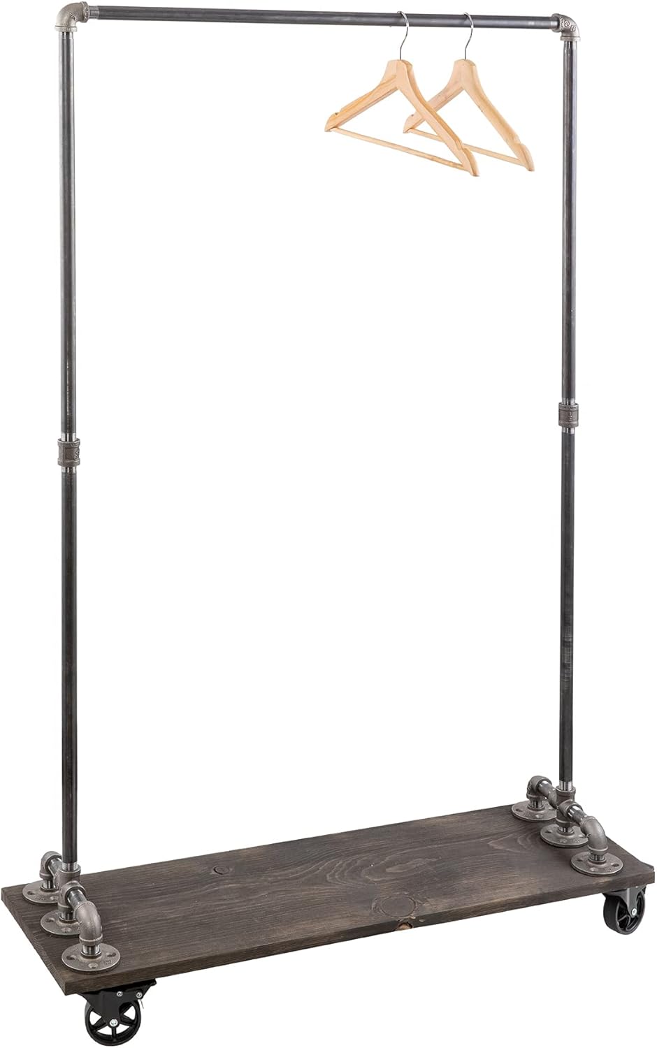 PIPE DECOR 36” x 11 ½” x 59 ½” Rolling Steel Pipe Clothing Rack with Wood Shelf, Commercial or Residential Industrial Clothes Display, Heavy Duty Black Steel Metal Wheeled Garment Frame