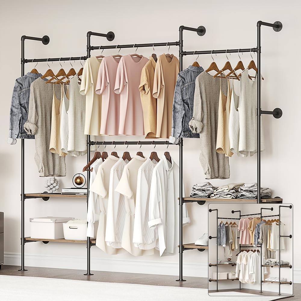 Industrial Pipe Clothing Rack, Wall Mounted Clothes Rack for Hanging Clothes, Retail Display Rack with Shelves, Add Corner installation Method (Gold, III-2Tier)