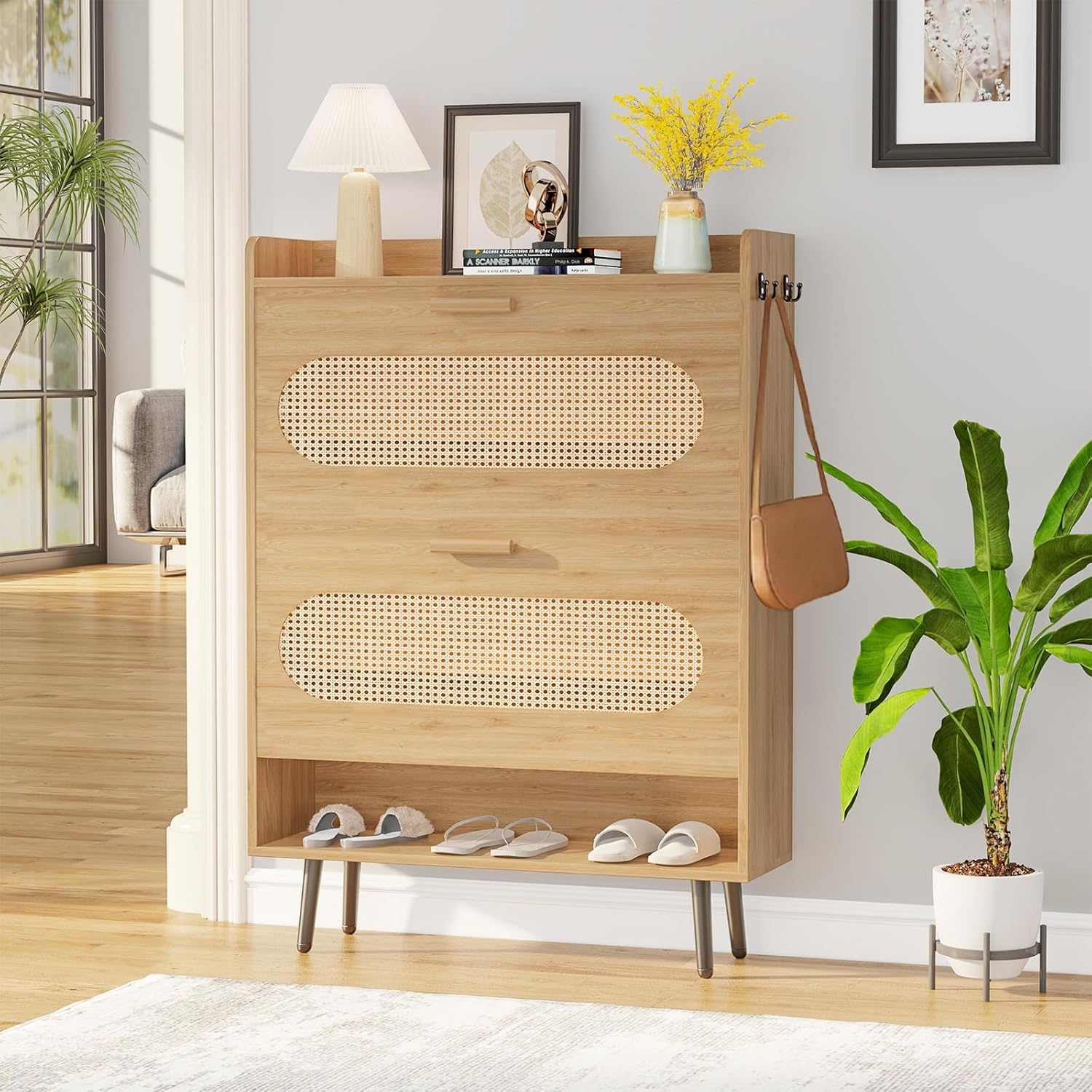 Rattan Shoe Cabinet with 2 Flip Drawers, Shoe Storage Cabinet for Entryway, Narrow Shoe Rack Cabinet, Freestanding Hidden Shoe Organizer for Hallway, Living Room (Oak)