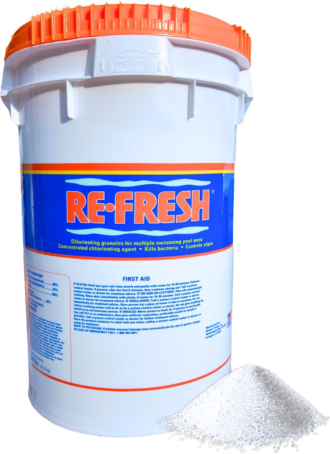 Refresh Granular 68% Active Chlorine Shock | 50-Pound Bucket with 1/2 Pound Scoop | Perfect for Swimming Pools, Use As Bactericide, Algaecide, Disinfectant in Pools & Spas | Fast Dissolving - 50LB
