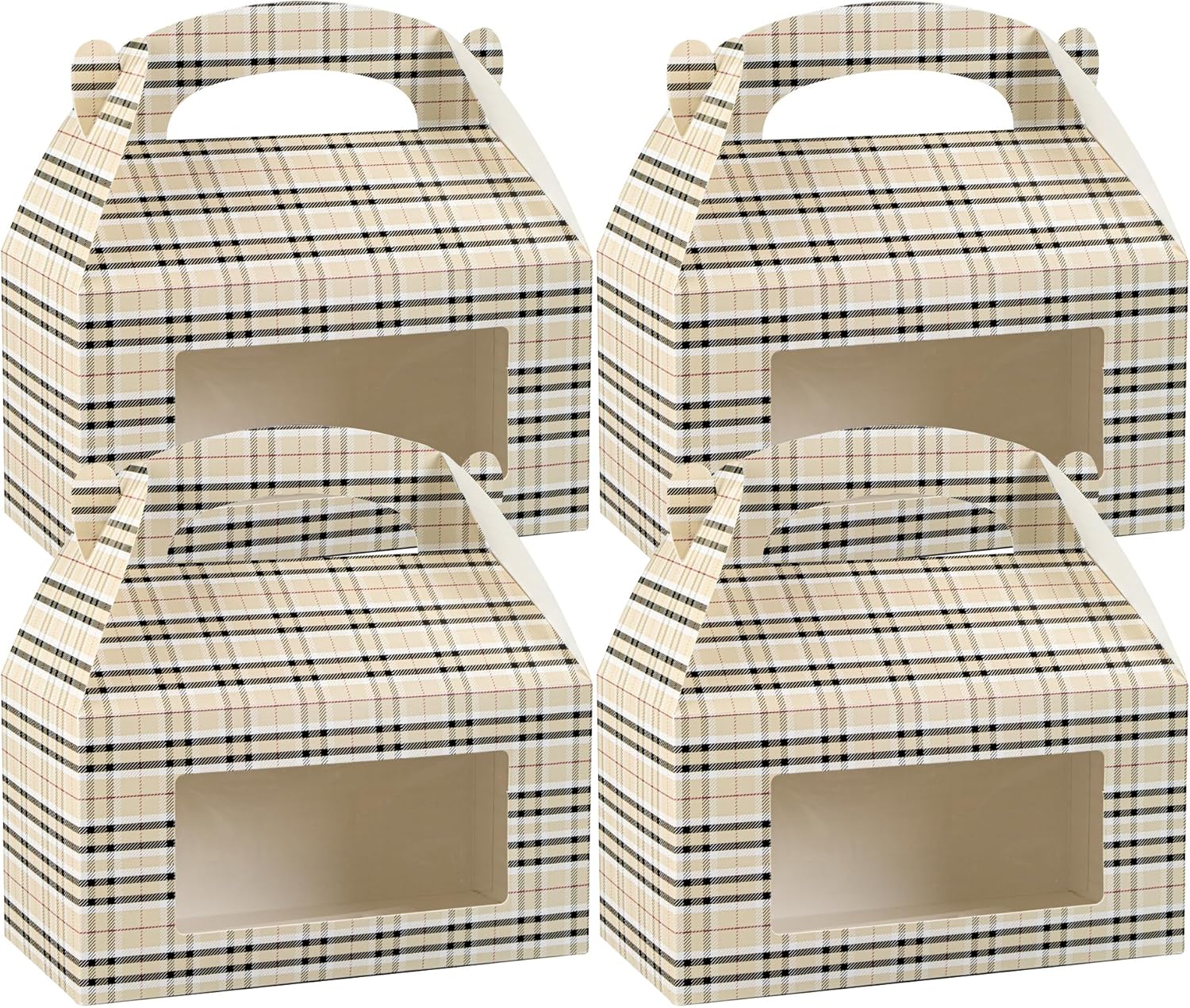 Restaurantware Bio Tek 9.5 x 5 x 5 Inch Gable Boxes For Party Favors, 100 Attractive Gift Boxes - Plaid Pattern, Clear PET Window, Paper Barn Boxes, With Built-In Handle, Disposable