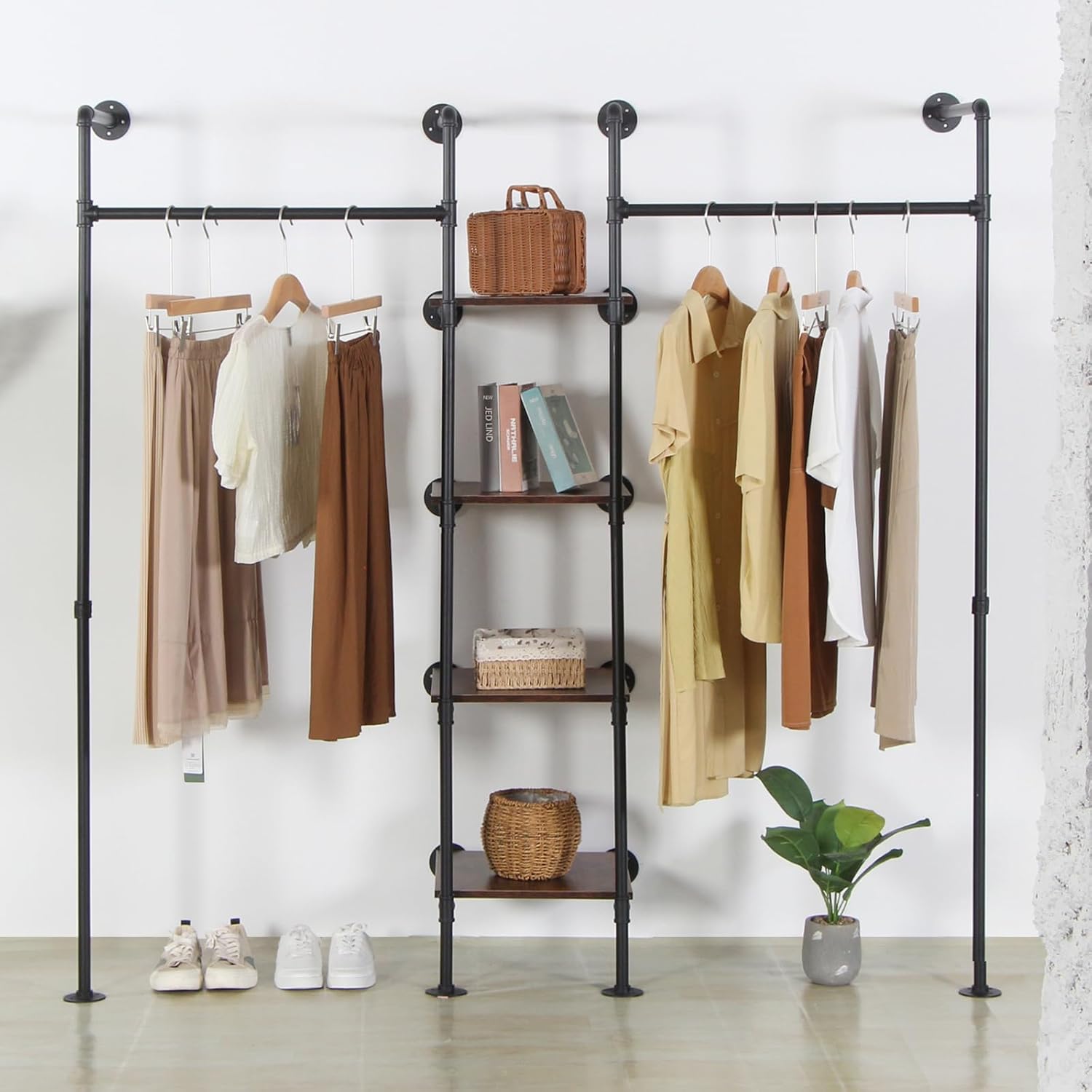 Wall Mounted Industrial Pipe Heavy Duty Clothes Rack, Clothing Rods for Hanging Clothes, Freestanding Clothing Rack with 2 Hang Rods & 4 Shelves, 72.8
