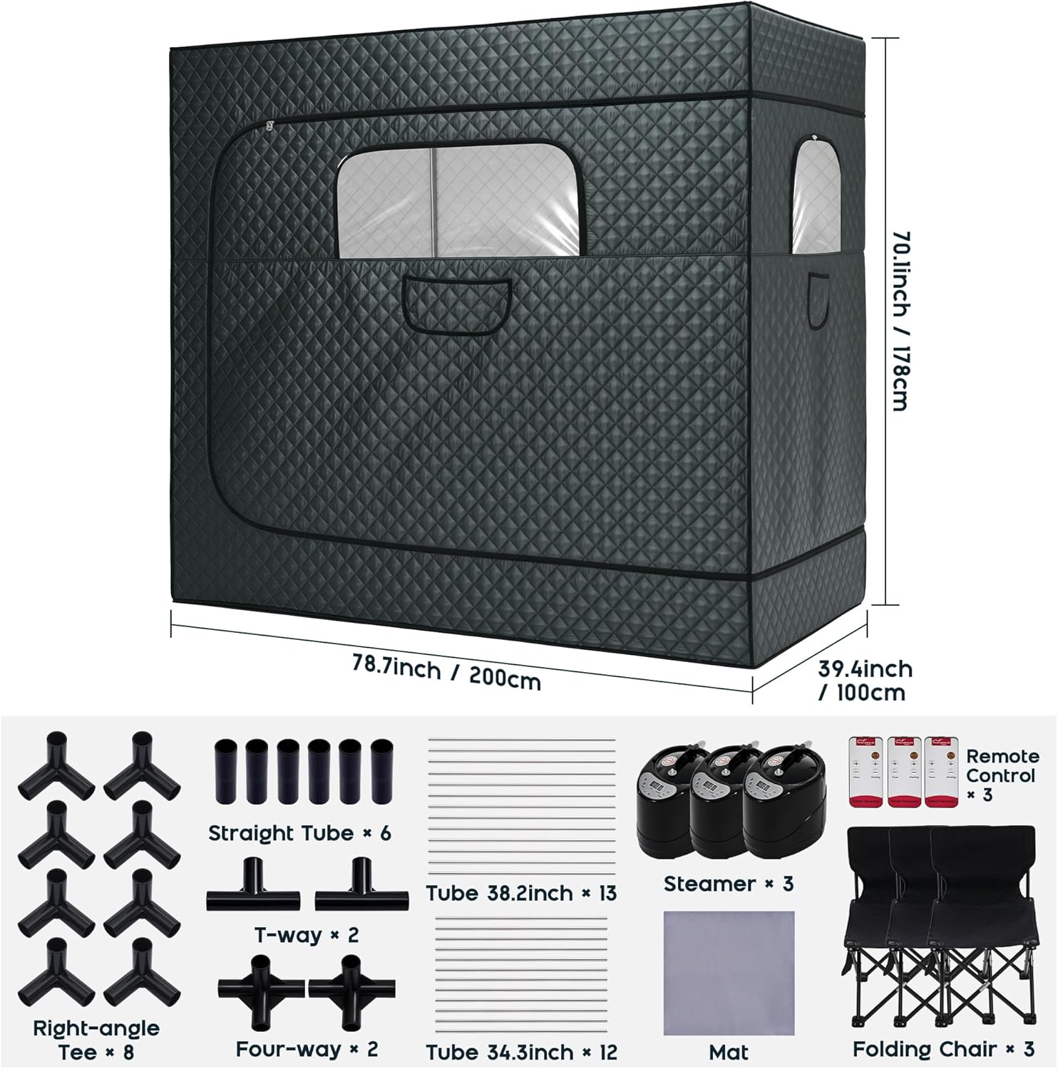 Albott 3 Person Steam Sauna for Home, Portable Sauna Tent with 3L 1500W Steamer, Extra Large Size 6.6’ x 3.3’ x 5.8’ Full Body Home Spa, Remote Control, Folding Chair, Grey