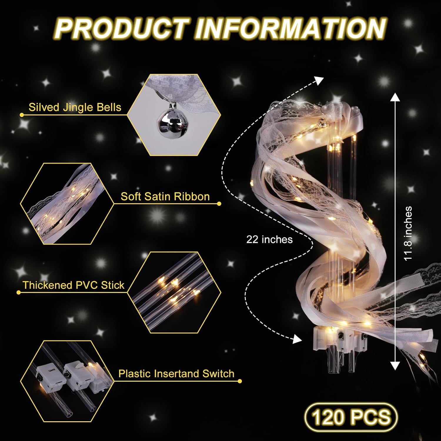 120 Pieces Wedding Wands with LED Multi Mode Light up Wands Silk Fairy Glow Ribbon Streamers with Bells for Wedding New Year Graduation Concert Raves Birthday (120 PCS)