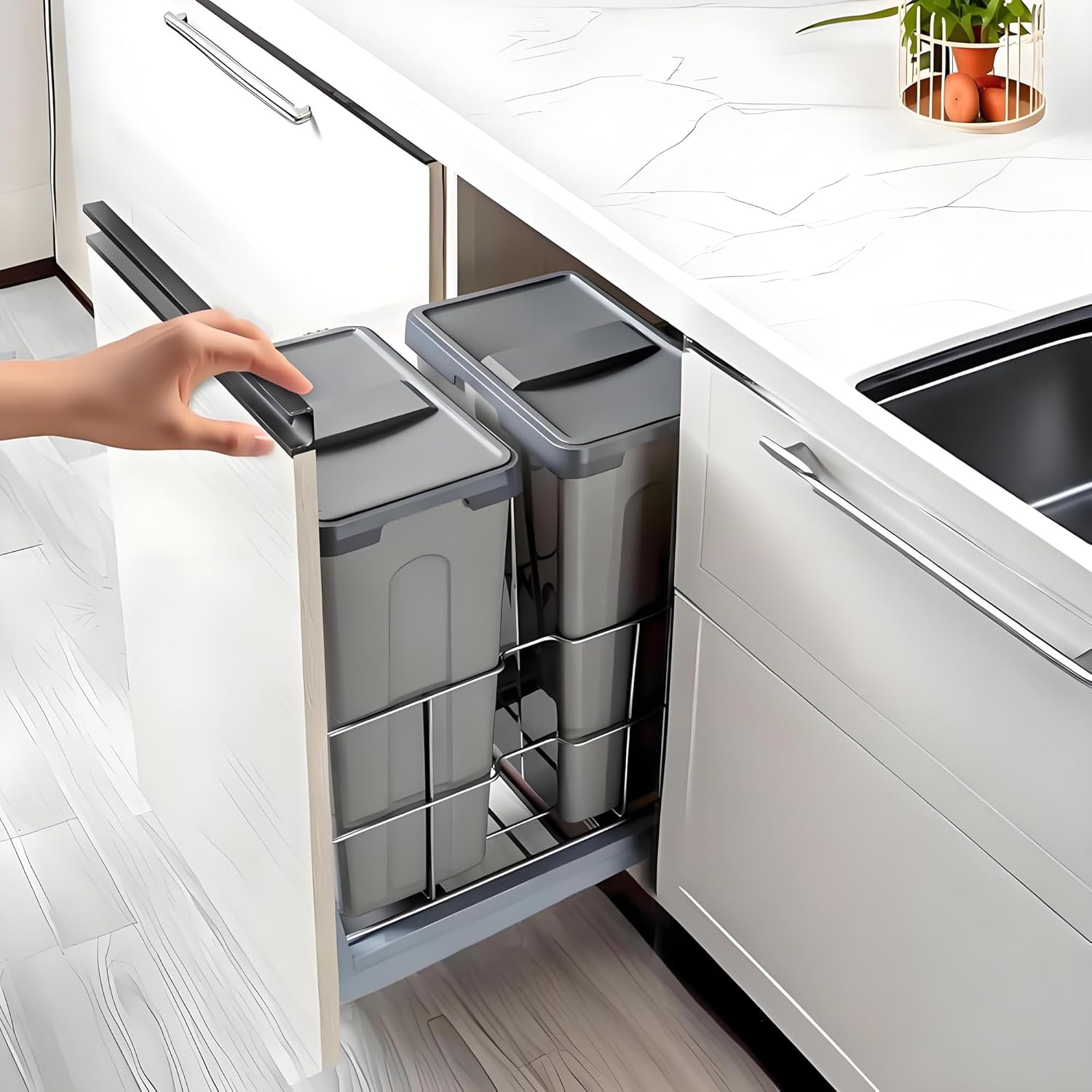 Pull Out Trash Can Under Cabinet With lids Dual Sliding Trash Can Under Sink Garbage Can Pull Out Recycling Bin Soft close slides, Door Mounting Kit Pullout Trah Can for Kitchen Cabinet,2×24Q,Grey