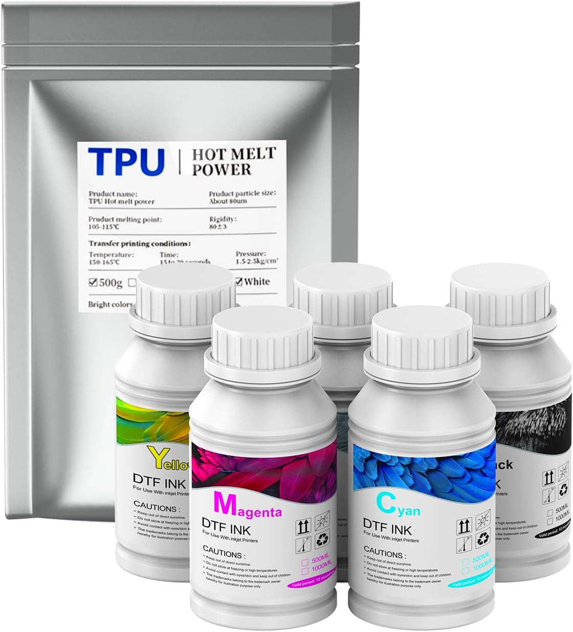 DXZ Premium DTF Ink 1250ML,DTF Transfer Ink for PET Film,Refill for DTF Printers for L1800, XP600, L805,L800, R2400, XP-15000, P400, P800（5 * 250ML CMYKW） Includes 500g DTF Powder.