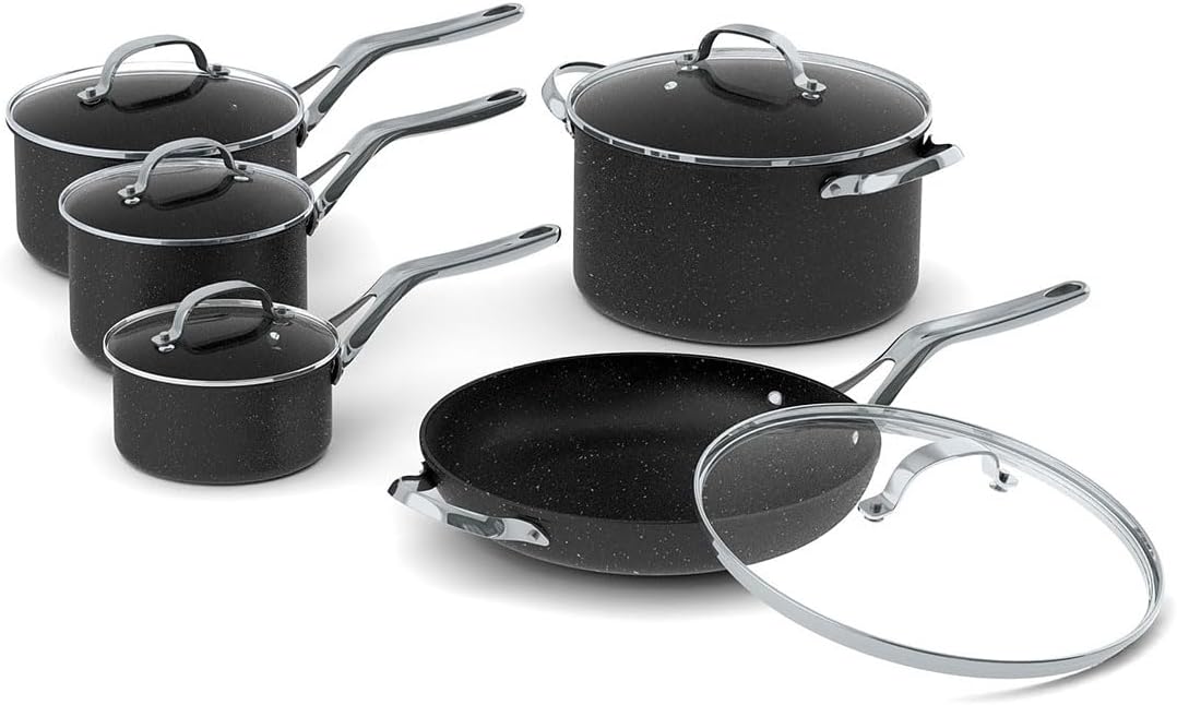 Starfrit The Rock 7PC Non-Stick Cookware Set - Durable Forged Aluminum - Oven Safe - PFOA Free - Easy to Clean - Black