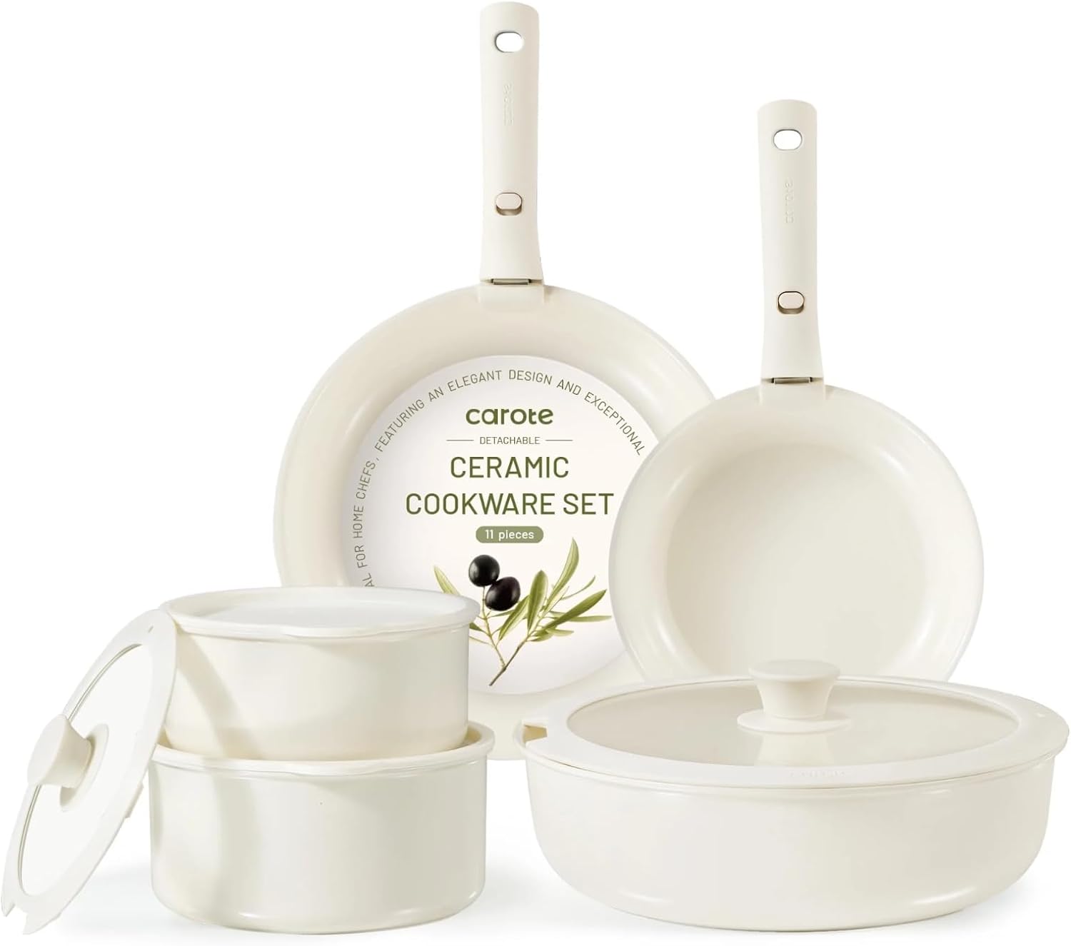 Carote 11 Pcs Ceramic Cookware Set, Pots and Pans Set Non Stick with Detachable Handles, Oven Safe, Induction Cookware, Stackable Kitchen Set, Cream White