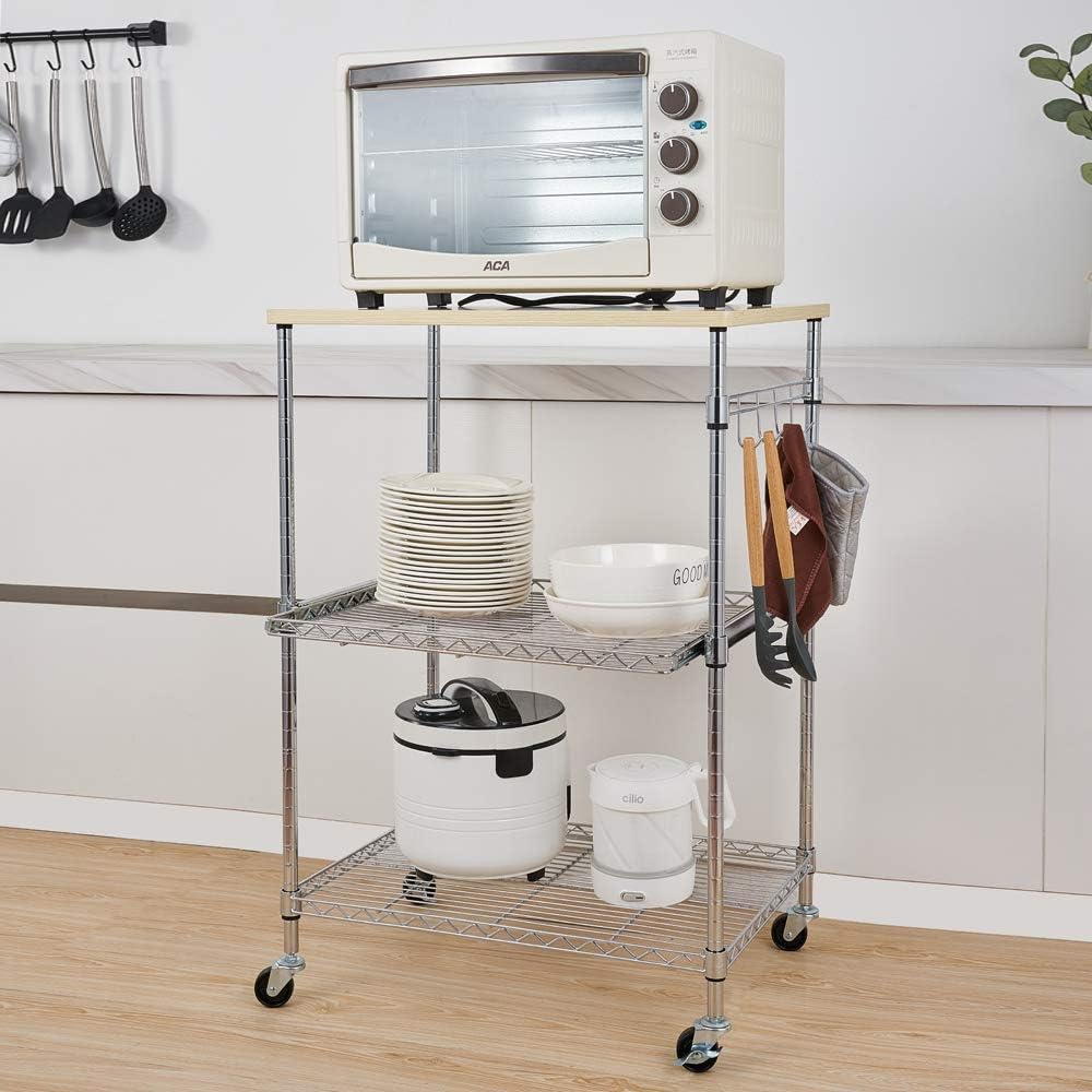 Henf 3-Tier Rolling Kitchen Microwave Cart with Hook, Kitchen Baker's Rack Wire Utility Cart on Wheels, Microwave Oven Stand Storage Cart Workstation Shelf, Silver