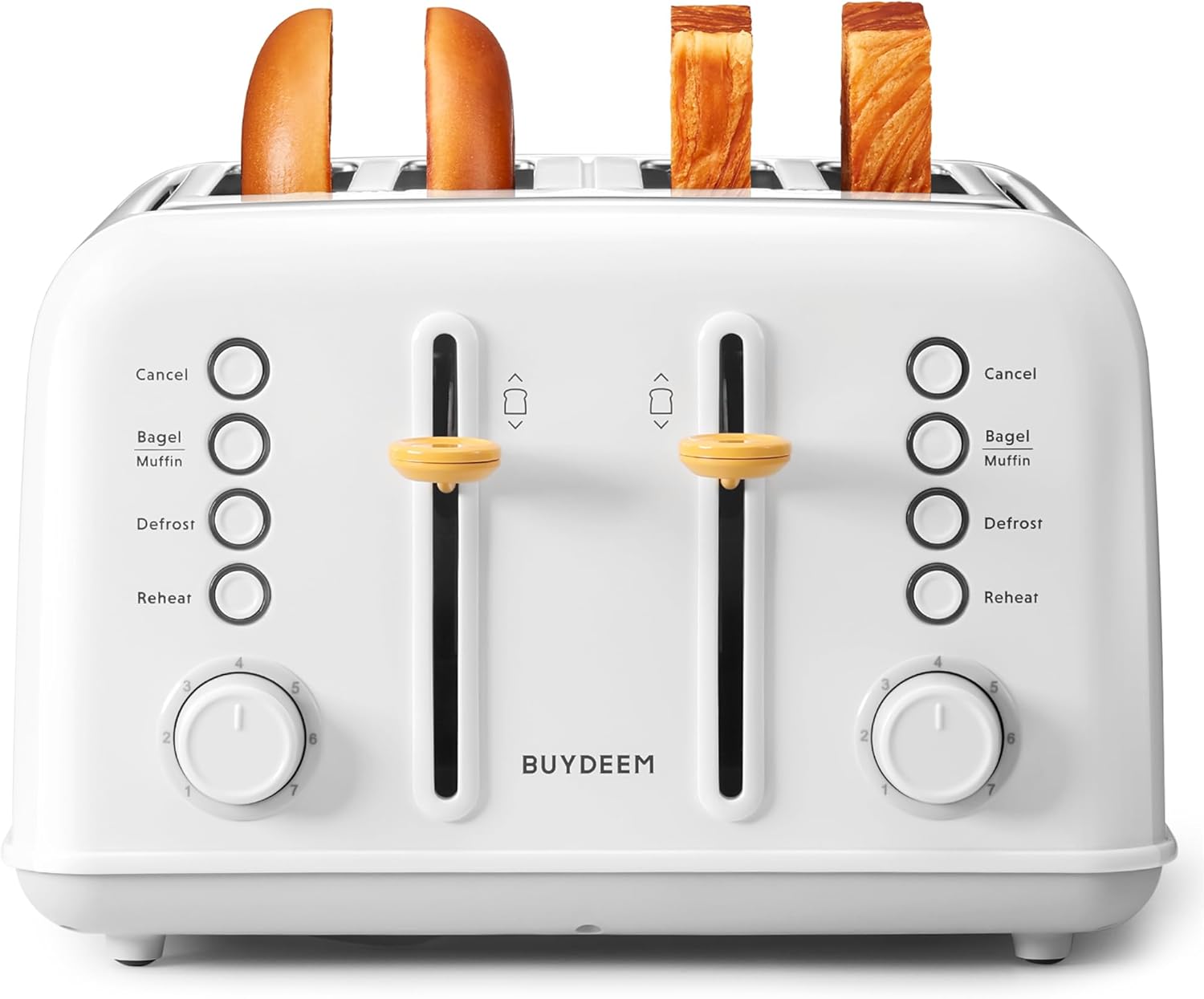 BUYDEEM DT640 Retro 4 Slice Toaster, 7 Shade Settings, Extra Wide 1.5'' Slots, Stainless Steel Toaster with Bagel Muffin Defrost Reheat Function, Yellow