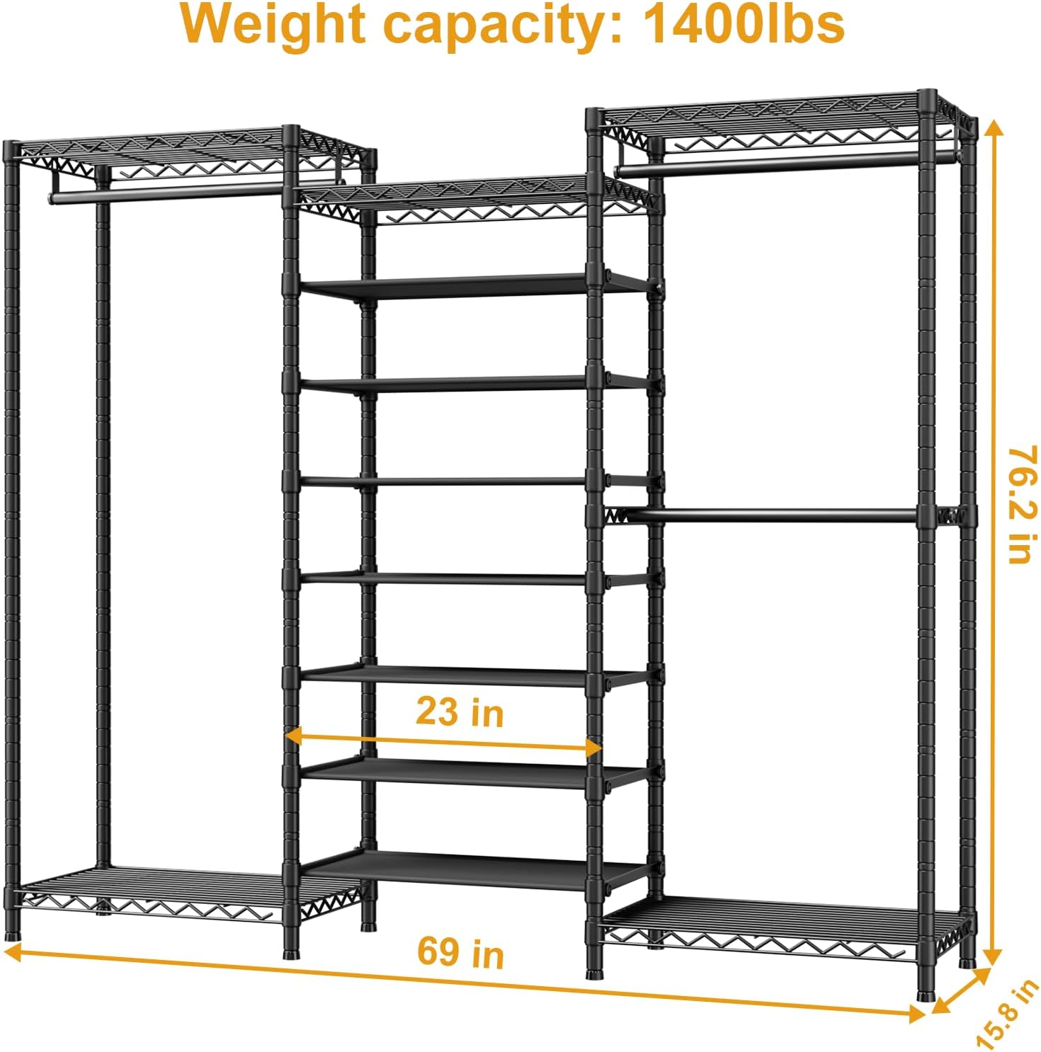 E16 Heavy Duty Clothing Rack（with 7-Tier Adjustable Shoe Rack） Freestanding Clothes Rack for Hanging Clothes，Metal Closet Storage Organizer Large Wardrobe，69'' W x 15.8'' D x 76.2'' H，Black