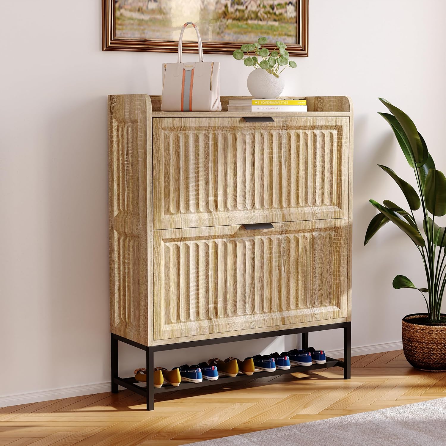 Shoe Storage Cabinet, Entryway Shoe Rack Cabinet with 2 Flip Drawers Metal Leg,Narrow/Slim/Wide Shoe Organizer Locker, 3-Sided Geometric Wavy Fluted Panel (Nature Wood, 31.5 * 9.5 * 40.0 Inch)